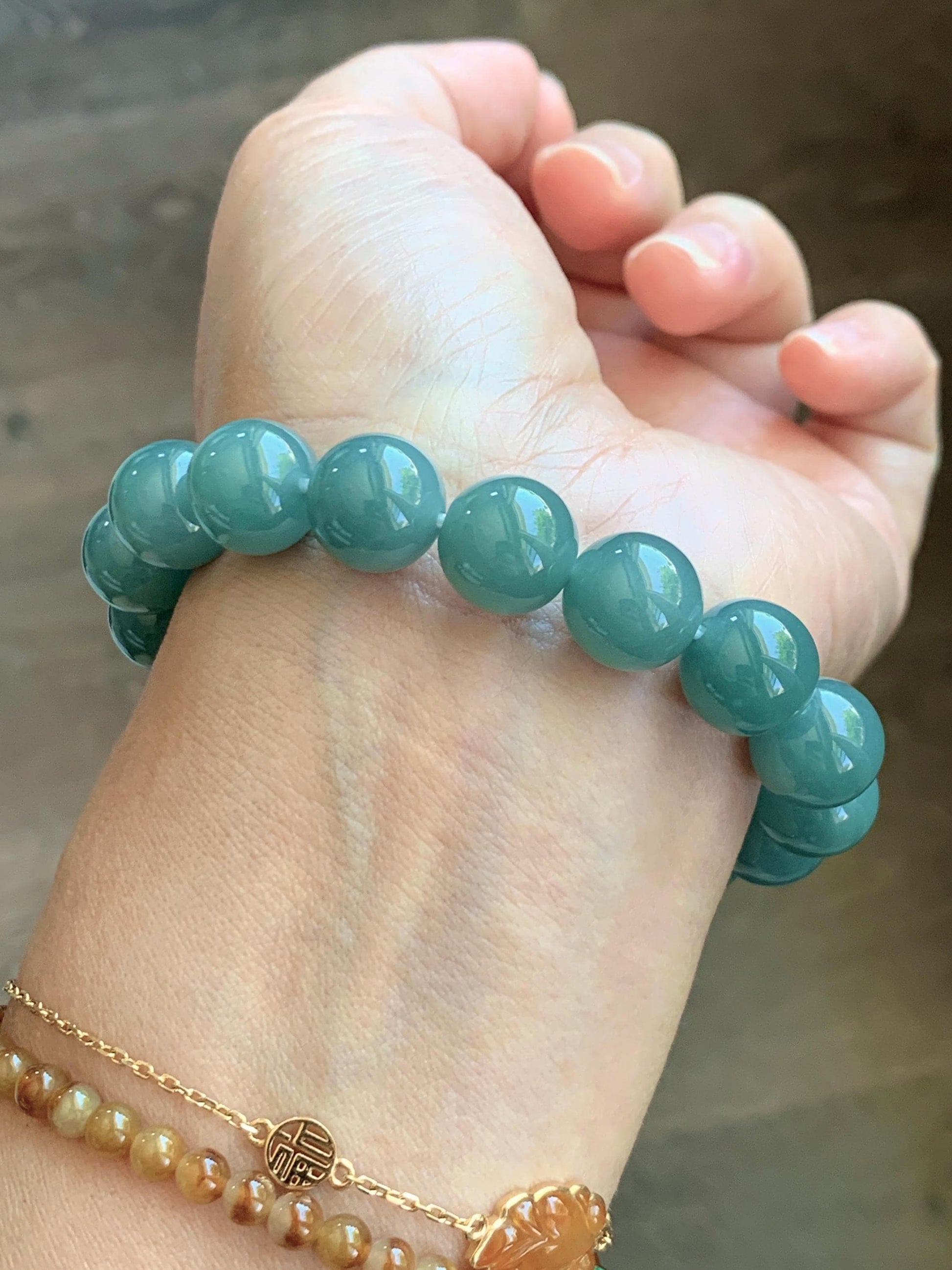 Natural Grade A Guatemalan Icy Translucent Dusty Teal Green Jade Jadeite Beaded Bracelet 11.7mm 7.3” 47g 天然冰危蓝绿翡翠手串 WDK220