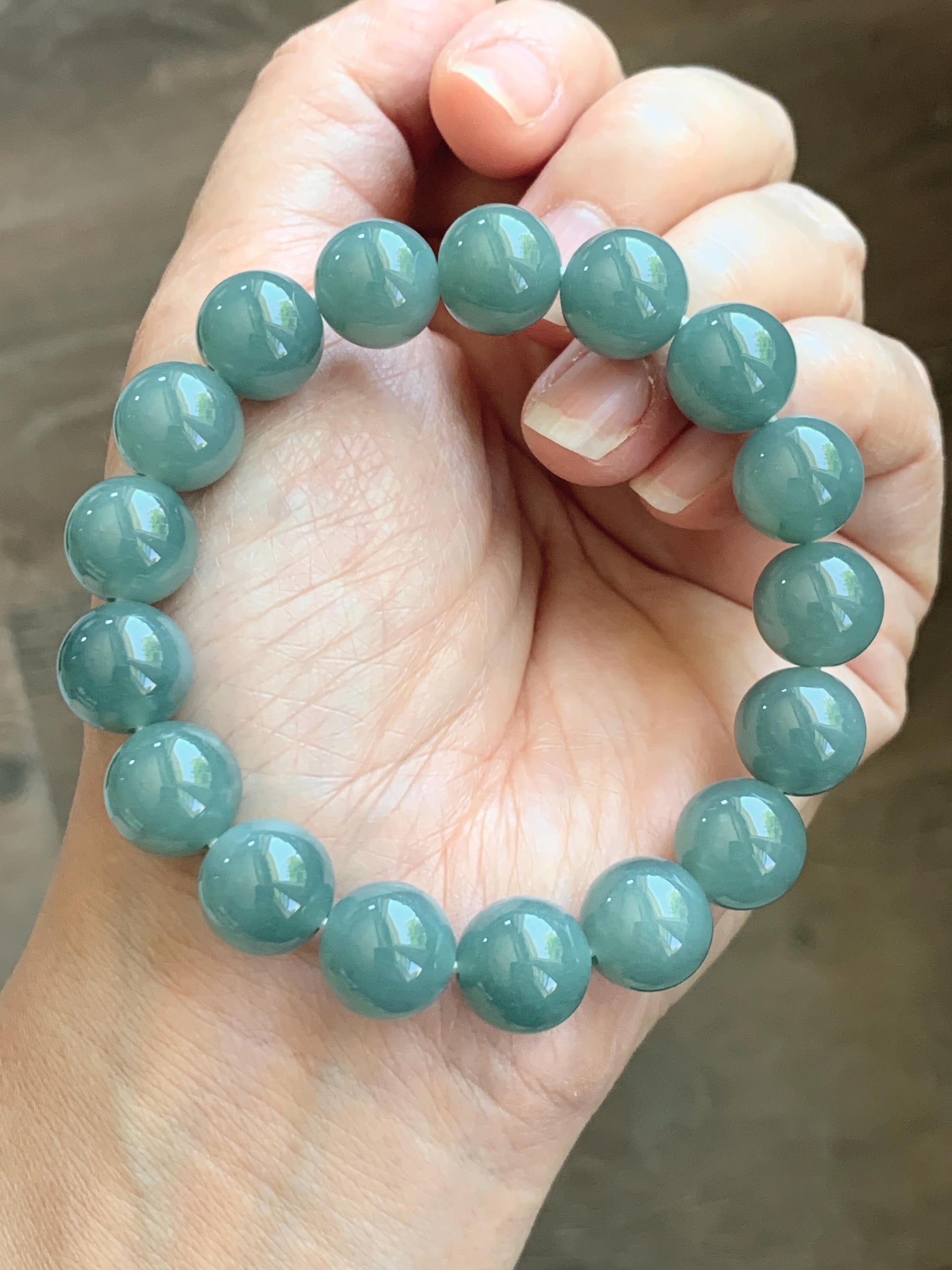 Natural Grade A Guatemalan Icy Translucent Dusty Teal Green Jade Jadeite Beaded Bracelet 11.7mm 7.3” 47g 天然冰危蓝绿翡翠手串 WDK220