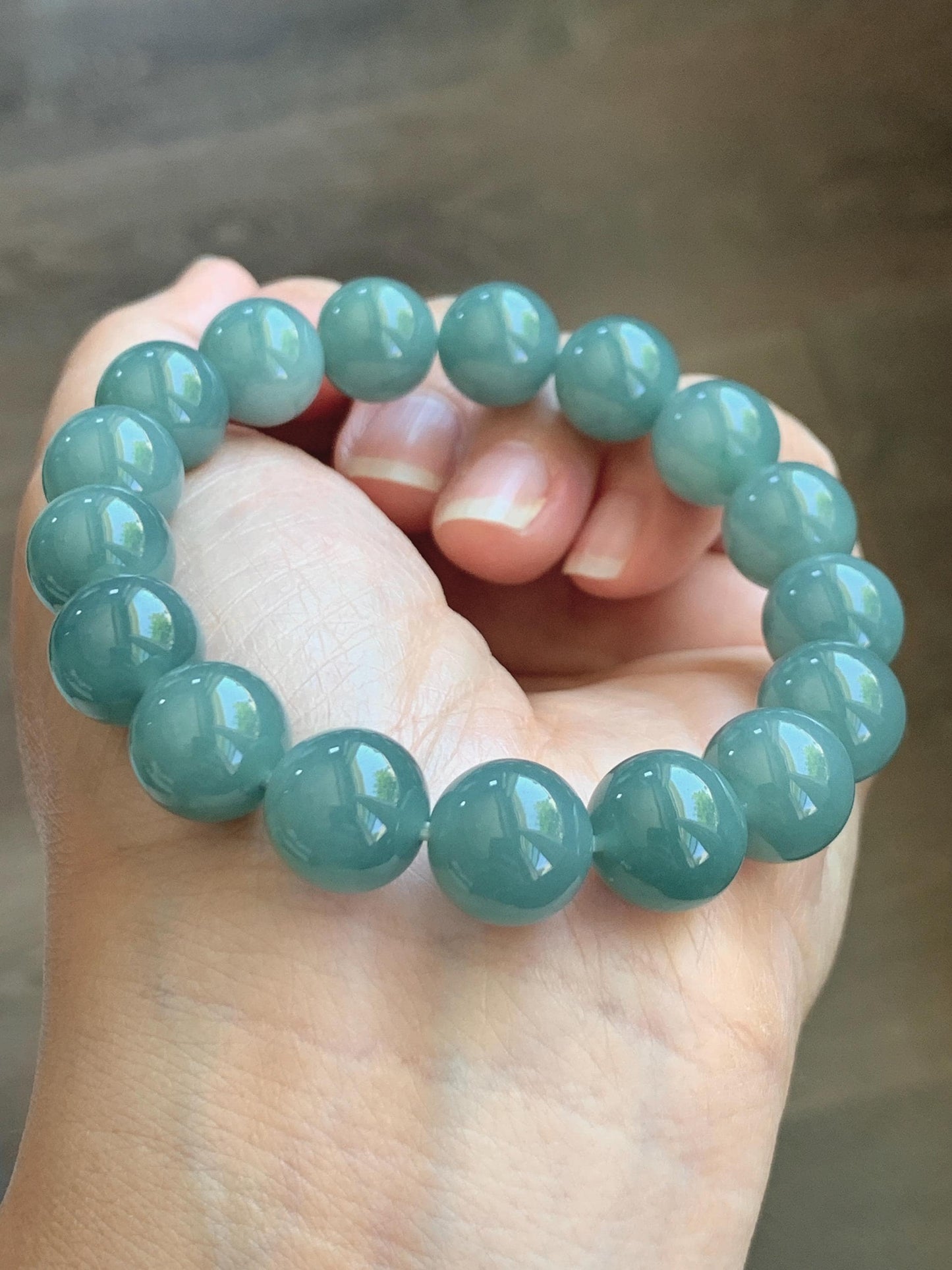 Natural Grade A Guatemalan Icy Translucent Dusty Teal Green Jade Jadeite Beaded Bracelet 11.7mm 7.3” 47g 天然冰危蓝绿翡翠手串 WDK220