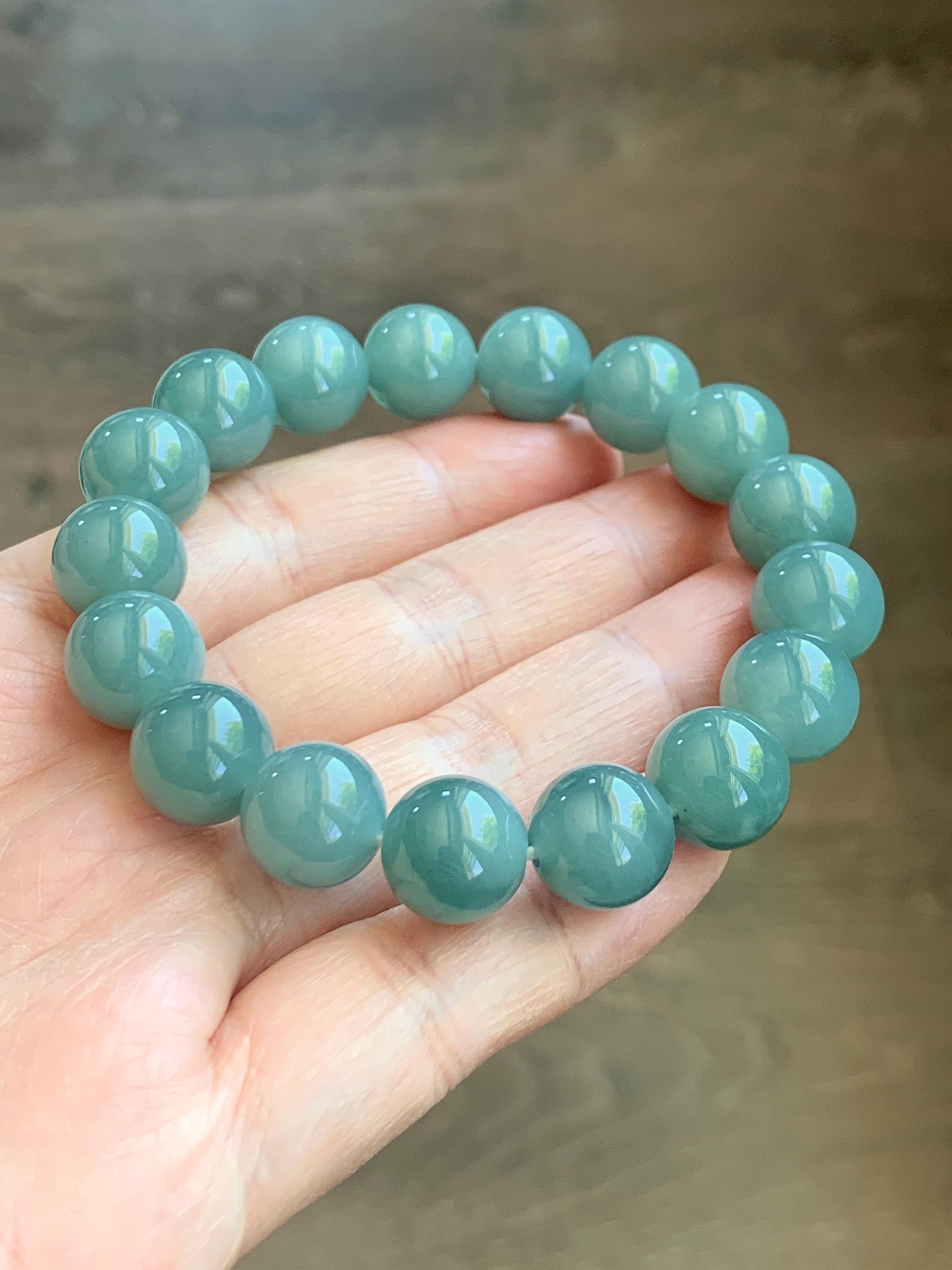 Natural Grade A Guatemalan Icy Translucent Dusty Teal Green Jade Jadeite Beaded Bracelet 11.7mm 7.3” 47g 天然冰危蓝绿翡翠手串 WDK220