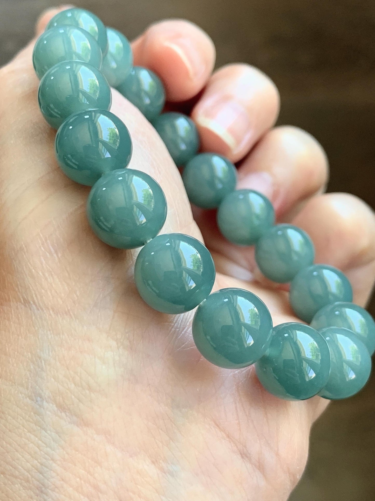 Natural Grade A Guatemalan Icy Translucent Dusty Teal Green Jade Jadeite Beaded Bracelet 11.7mm 7.3” 47g 天然冰危蓝绿翡翠手串 WDK220