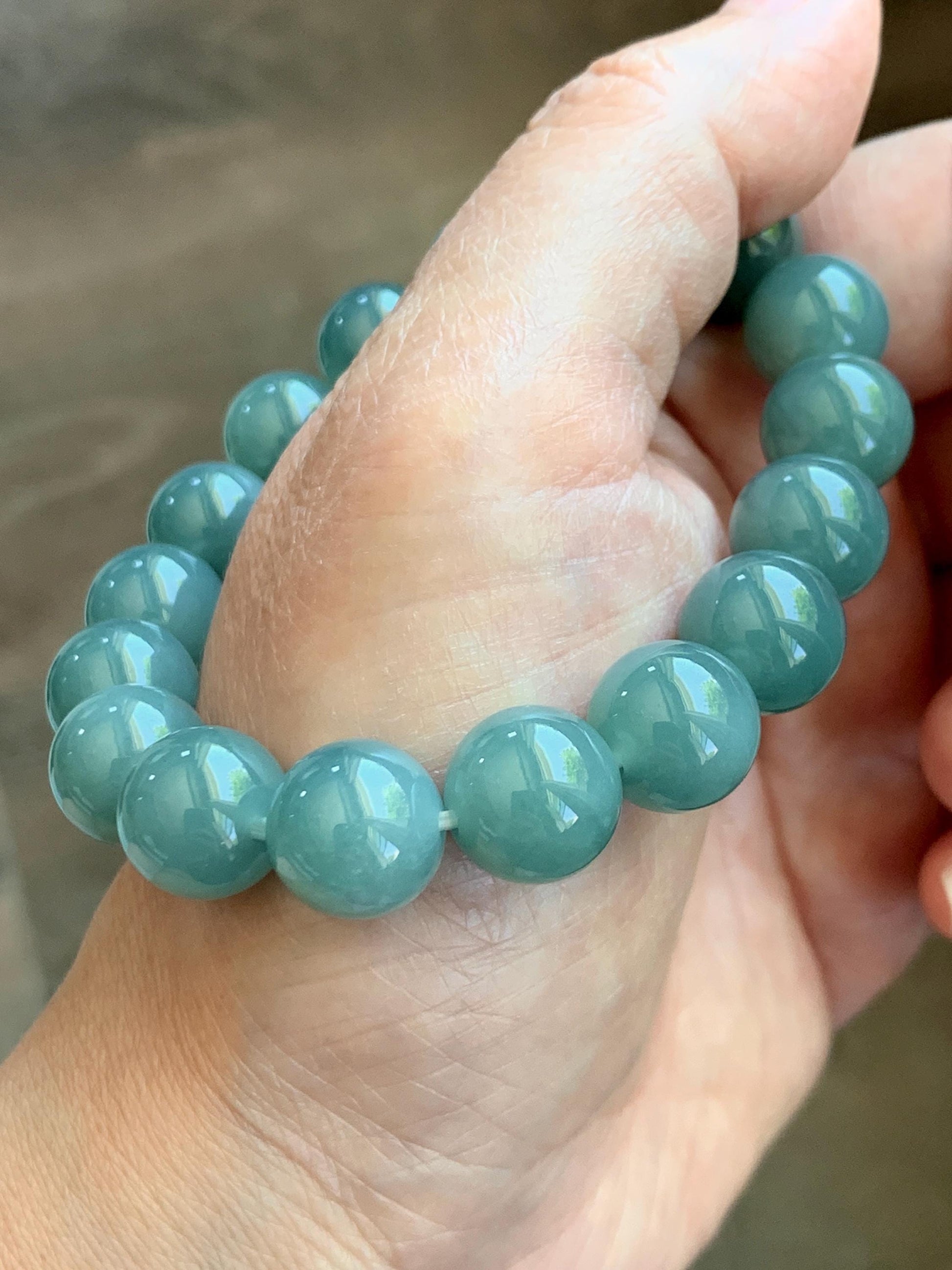 Natural Grade A Guatemalan Icy Translucent Dusty Teal Green Jade Jadeite Beaded Bracelet 11.7mm 7.3” 47g 天然冰危蓝绿翡翠手串 WDK220