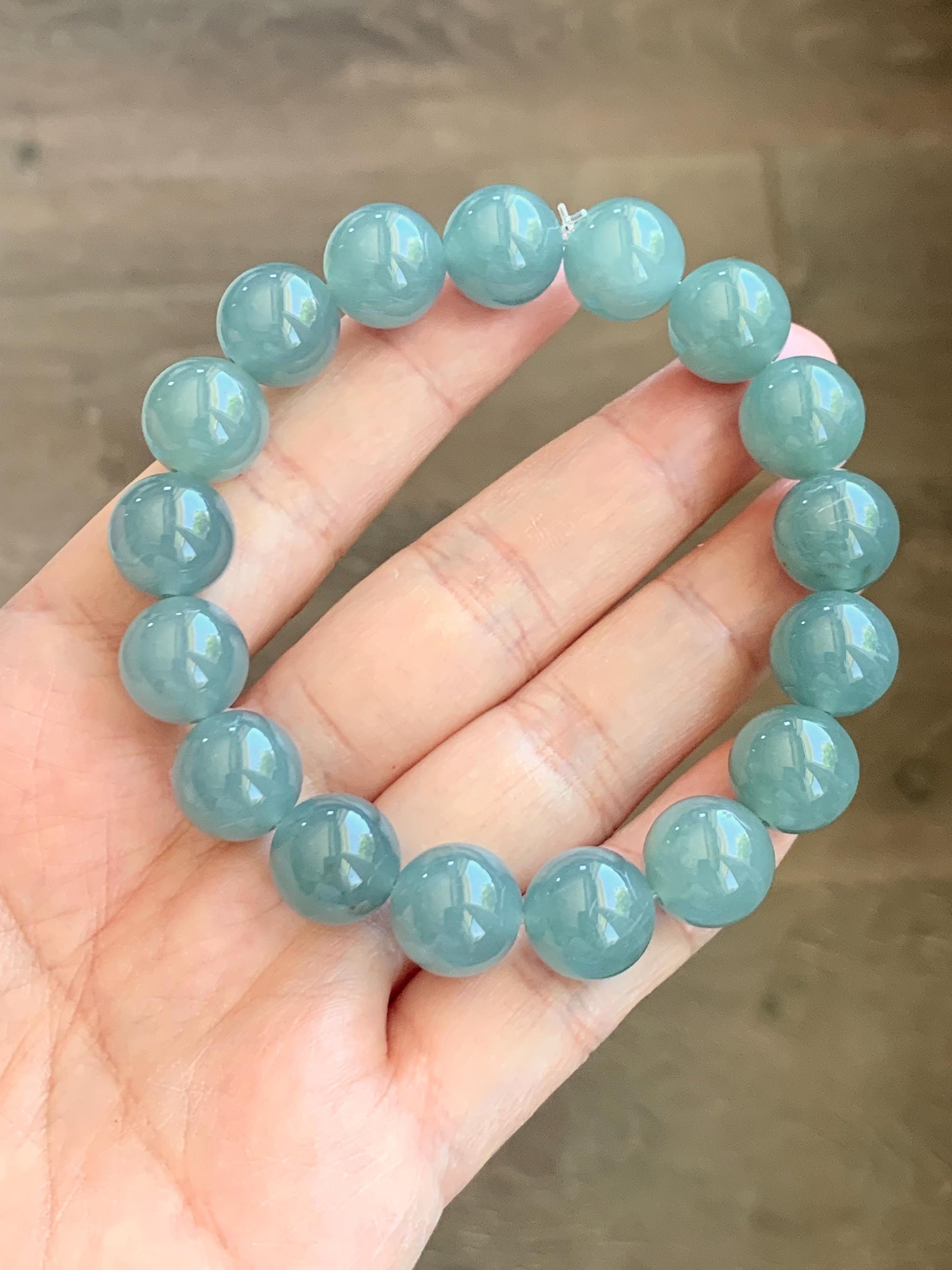 Natural Grade A Guatemalan Icy Translucent Dusty Teal Blue Jade Jadeite Beaded Bracelet 11.8mm-11.9mm 7.5” 49g 天然冰胶危蓝翡翠手串 WDL275