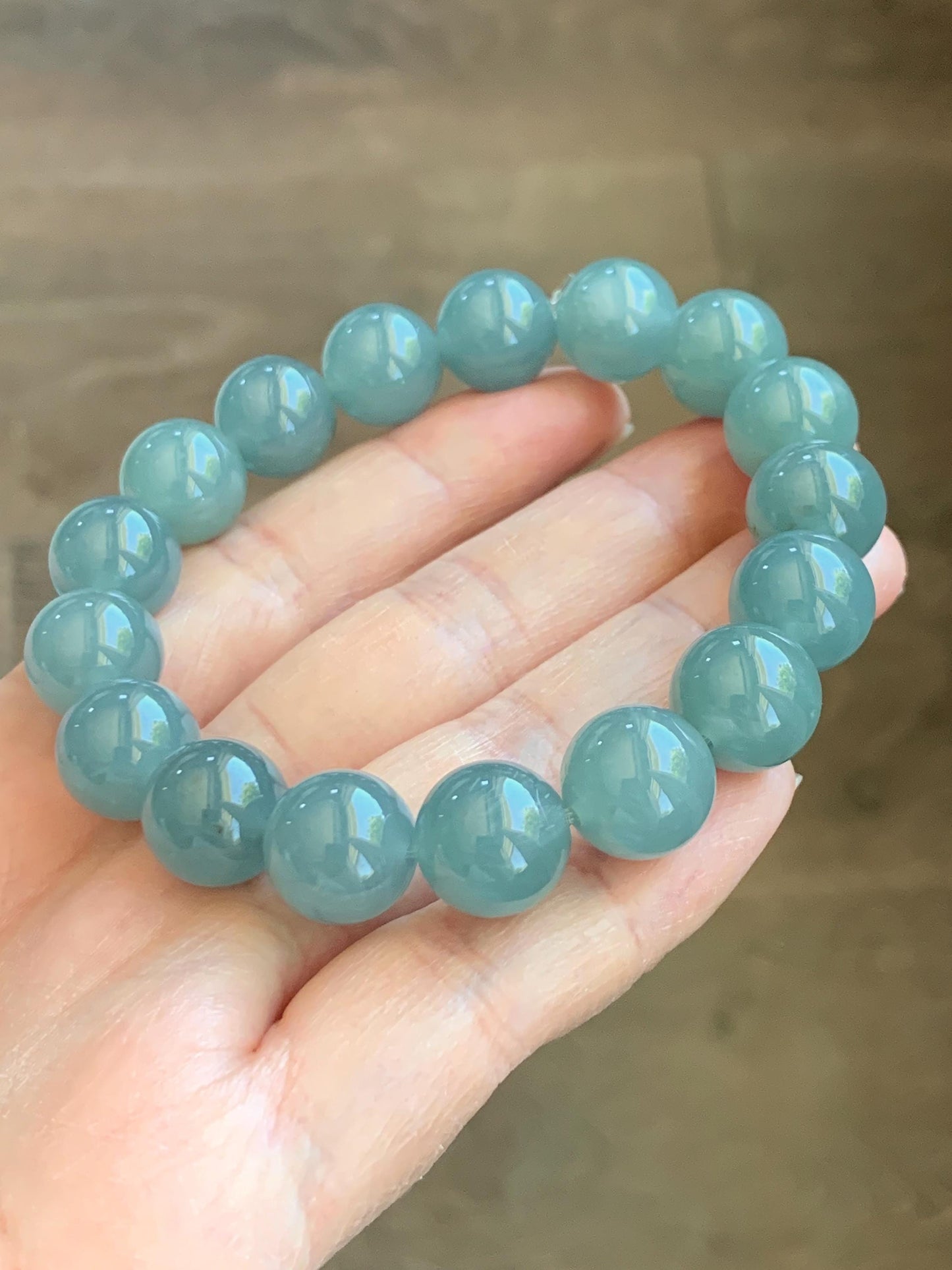 Natural Grade A Guatemalan Icy Translucent Dusty Teal Blue Jade Jadeite Beaded Bracelet 11.8mm-11.9mm 7.5” 49g 天然冰胶危蓝翡翠手串 WDL275