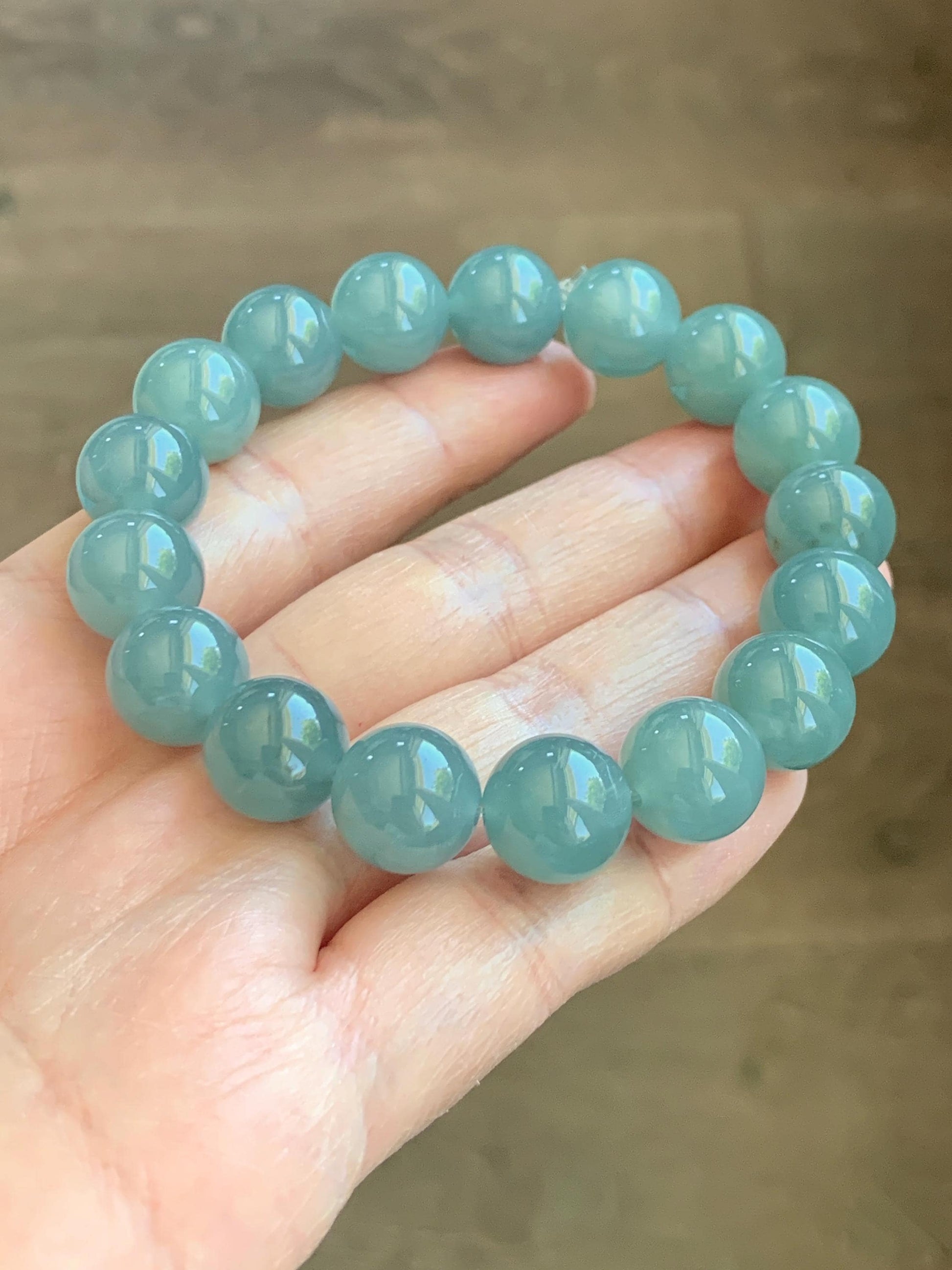 Natural Grade A Guatemalan Icy Translucent Dusty Teal Blue Jade Jadeite Beaded Bracelet 11.8mm-11.9mm 7.5” 49g 天然冰胶危蓝翡翠手串 WDL275