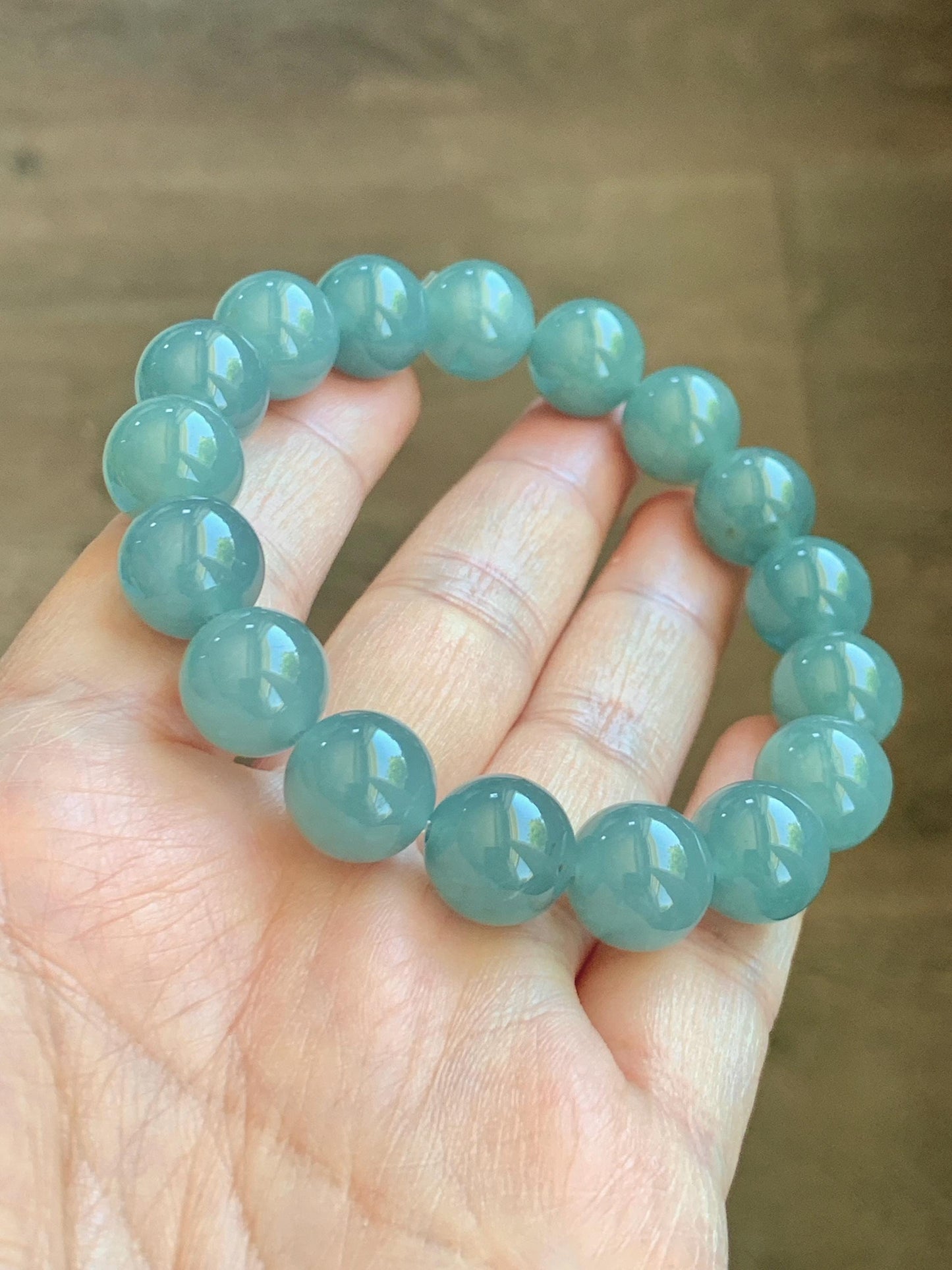 Natural Grade A Guatemalan Icy Translucent Dusty Teal Blue Jade Jadeite Beaded Bracelet 11.8mm-11.9mm 7.5” 49g 天然冰胶危蓝翡翠手串 WDL275