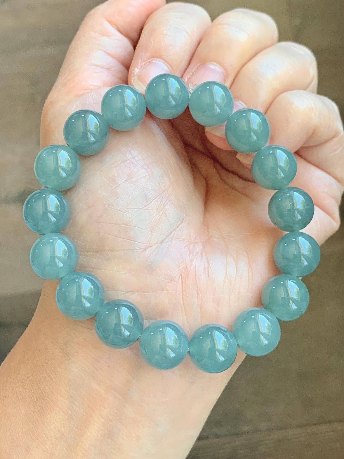 Natural Grade A Guatemalan Icy Translucent Dusty Teal Blue Jade Jadeite Beaded Bracelet 11.8mm-11.9mm 7.5” 49g 天然冰胶危蓝翡翠手串 WDL275