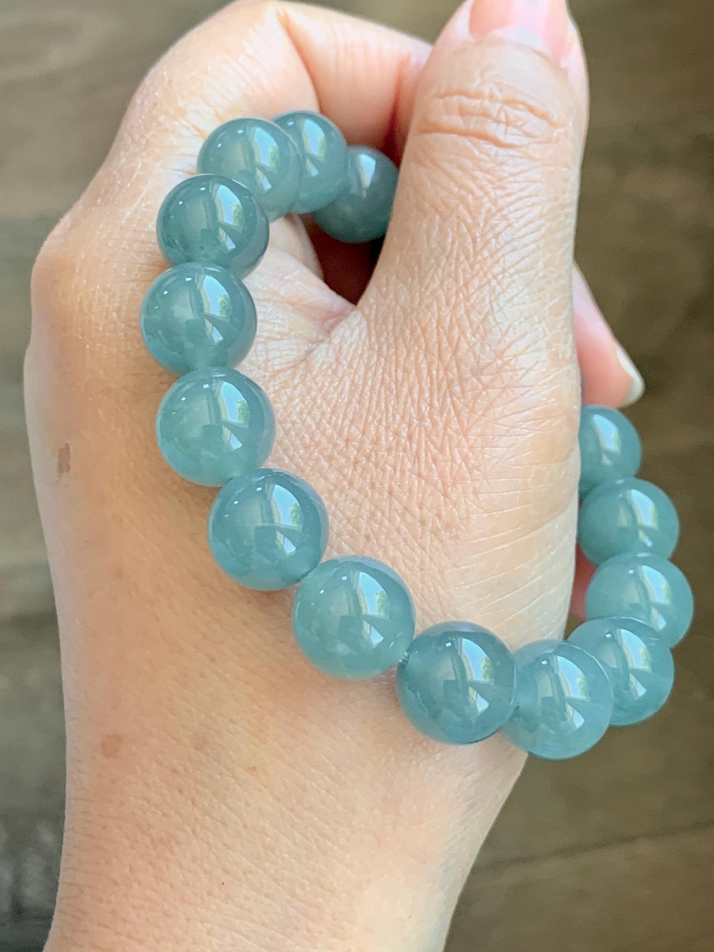 Natural Grade A Guatemalan Icy Translucent Dusty Teal Blue Jade Jadeite Beaded Bracelet 11.8mm-11.9mm 7.5” 49g 天然冰胶危蓝翡翠手串 WDL275