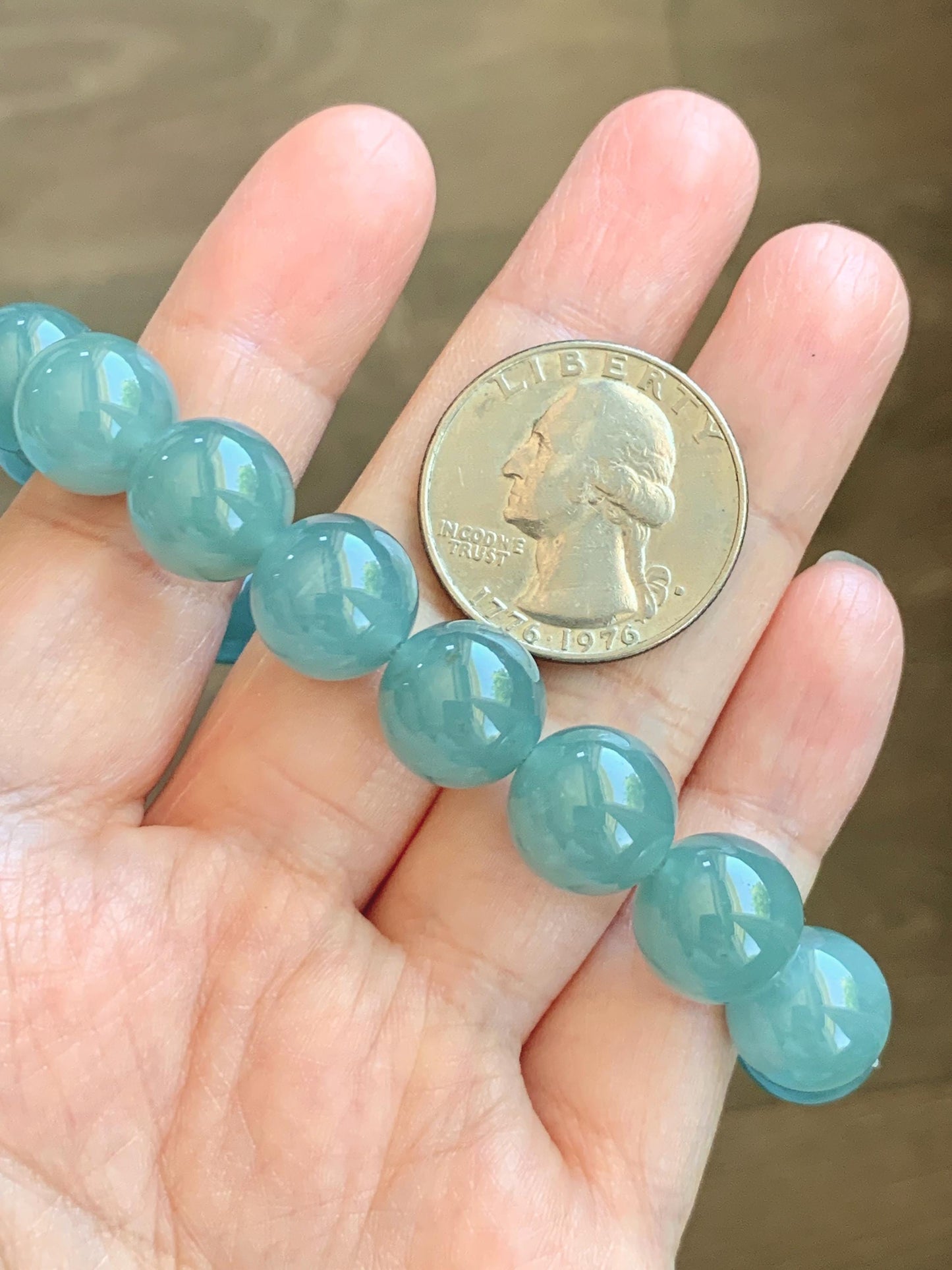 Natural Grade A Guatemalan Icy Translucent Dusty Teal Blue Jade Jadeite Beaded Bracelet 11.8mm-11.9mm 7.5” 49g 天然冰胶危蓝翡翠手串 WDL275