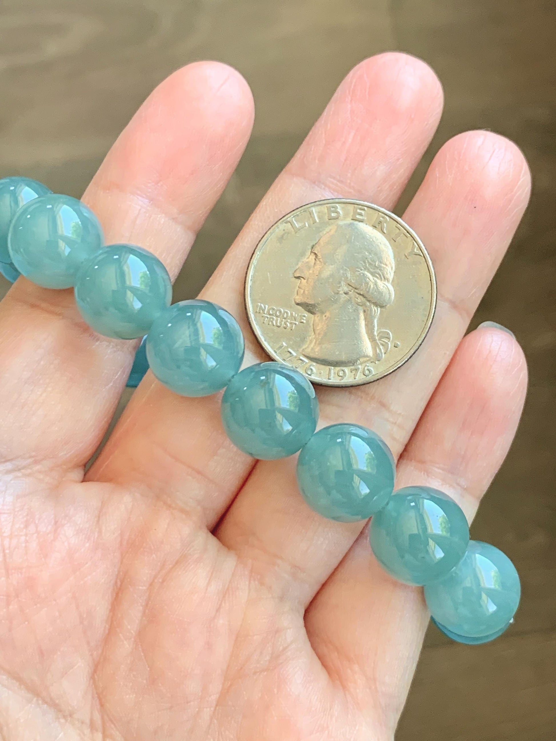 Natural Grade A Guatemalan Icy Translucent Dusty Teal Blue Jade Jadeite Beaded Bracelet 11.8mm-11.9mm 7.5” 49g 天然冰胶危蓝翡翠手串 WDL275