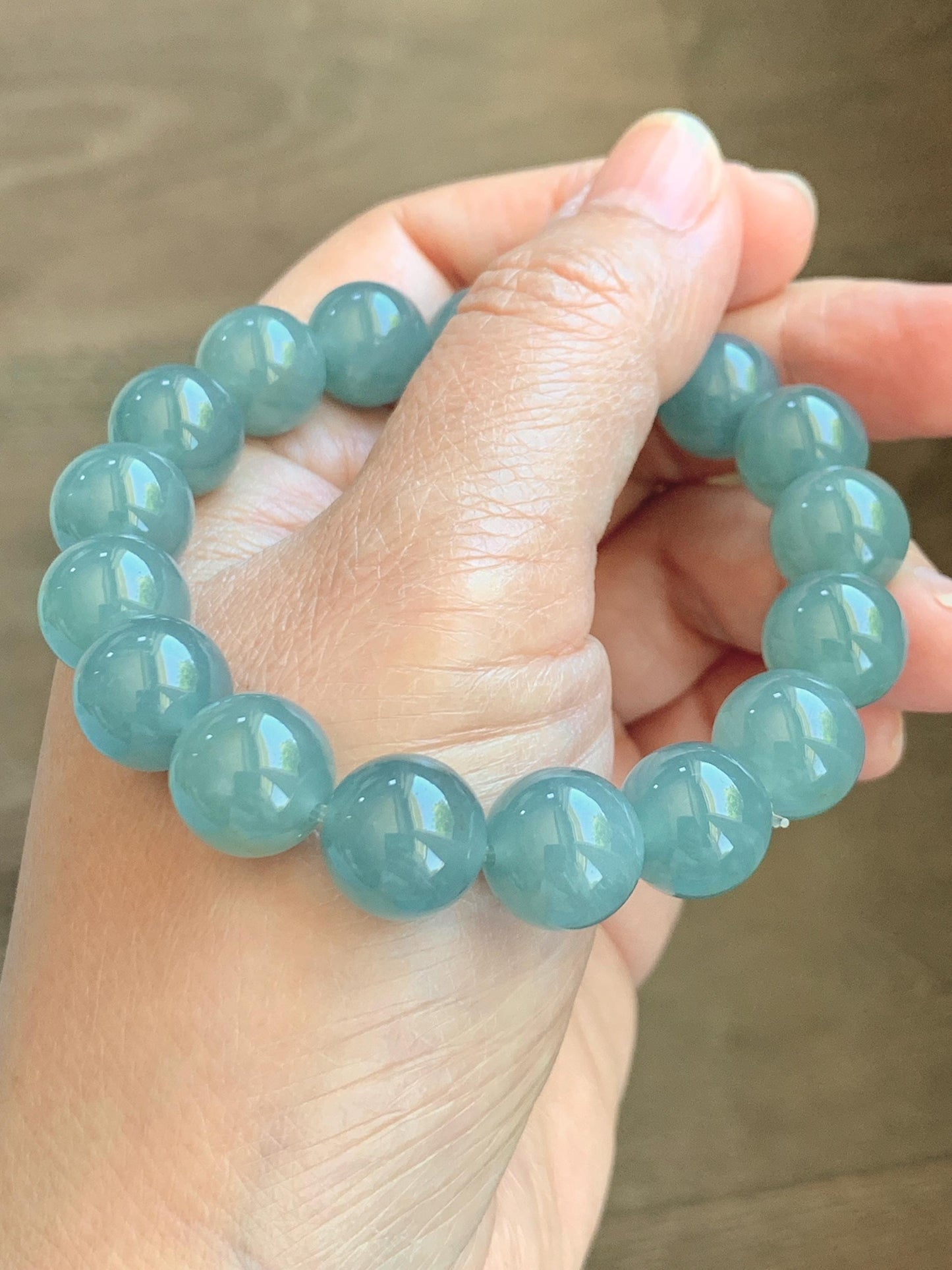 Natural Grade A Guatemalan Icy Translucent Dusty Teal Blue Jade Jadeite Beaded Bracelet 11.8mm-11.9mm 7.5” 49g 天然冰胶危蓝翡翠手串 WDL275