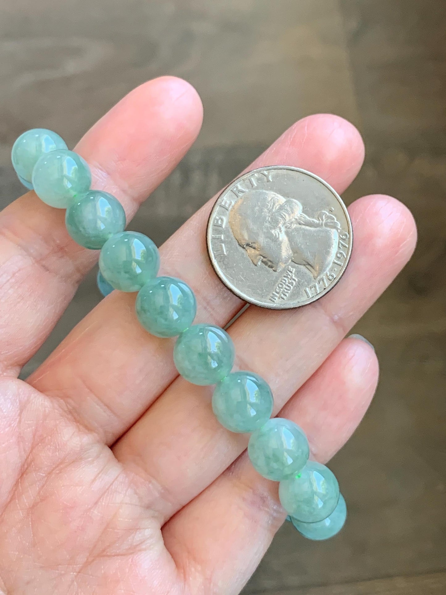 Natural Grade A Icy Highly Translucent Light Apple Green White Marbled Jade Jadeite Beaded Bracelet 9.8mm 7.25” 32g 天然冰浅果绿翡翠圆珠手串 MGL286