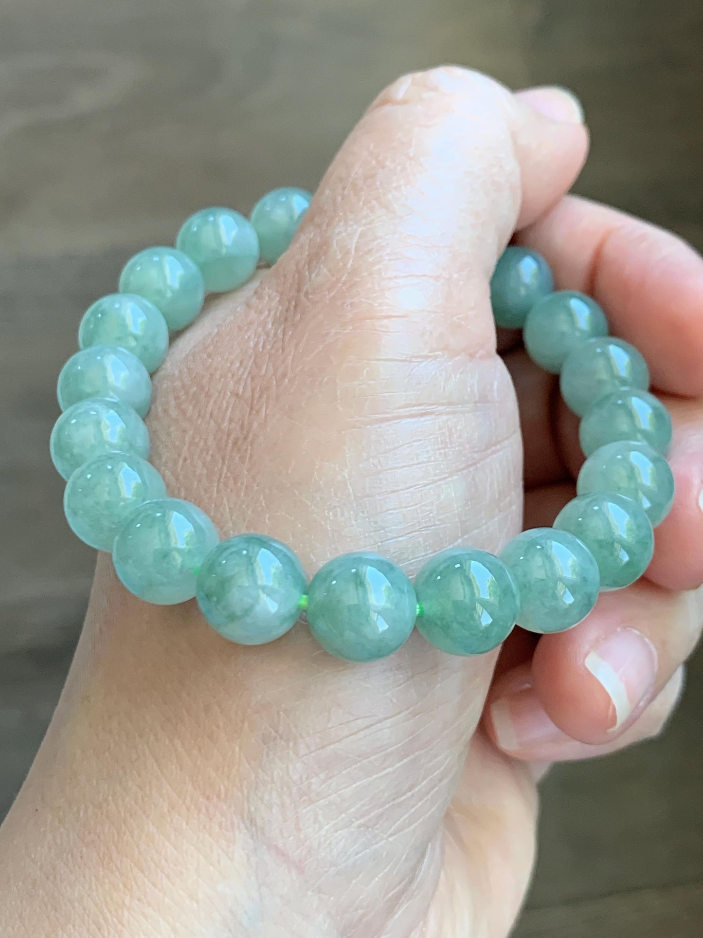 Natural Grade A Icy Highly Translucent Light Apple Green White Marbled Jade Jadeite Beaded Bracelet 9.8mm 7.25” 32g 天然冰浅果绿翡翠圆珠手串 MGL286