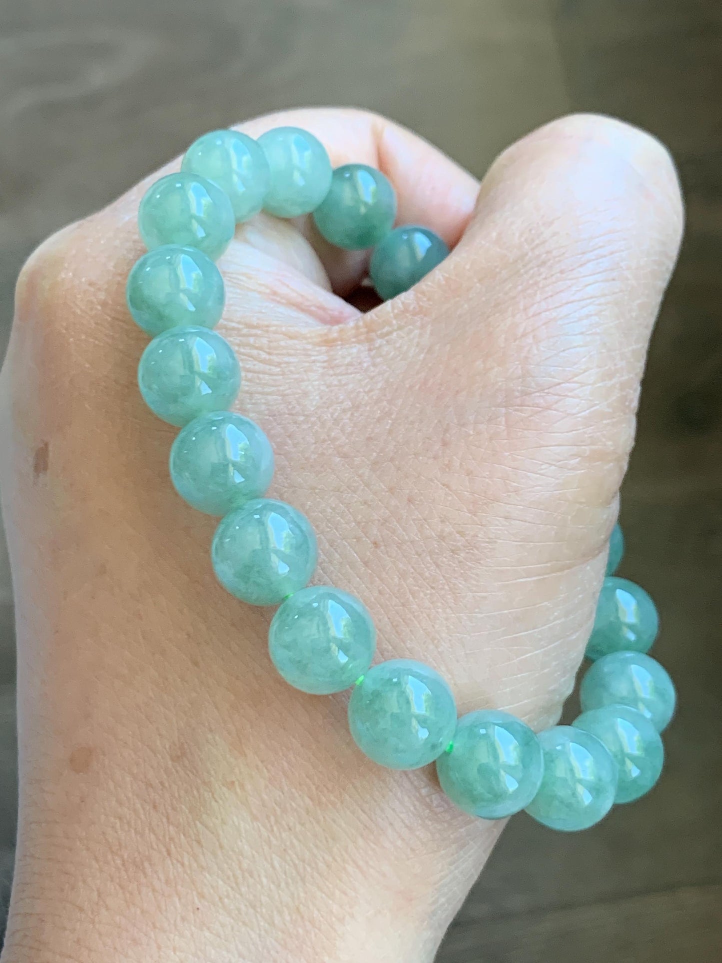 Natural Grade A Icy Highly Translucent Light Apple Green White Marbled Jade Jadeite Beaded Bracelet 9.8mm 7.25” 32g 天然冰浅果绿翡翠圆珠手串 MGL286