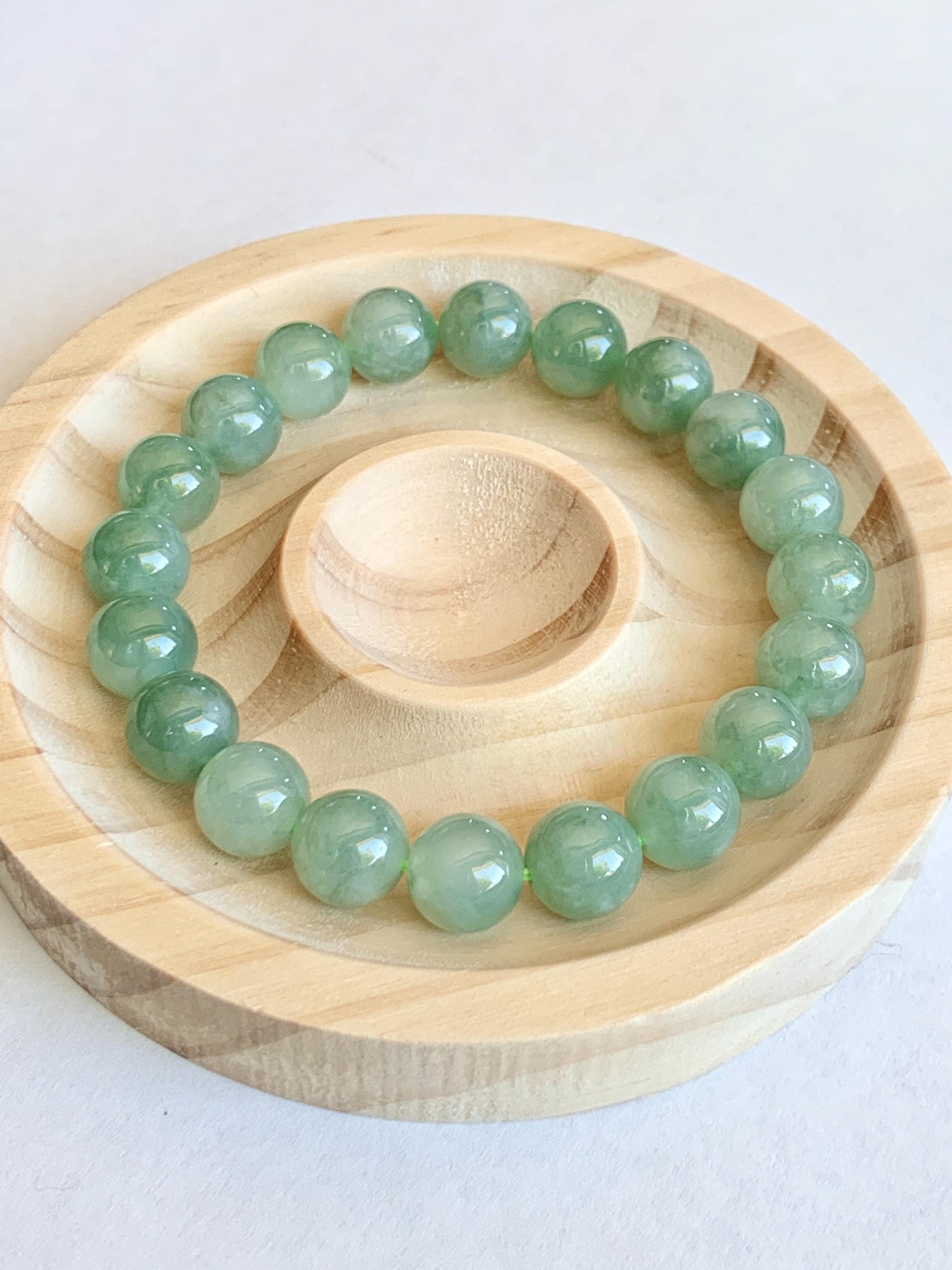 Natural Grade A Icy Highly Translucent Light Apple Green White Marbled Jade Jadeite Beaded Bracelet 9.8mm 7.25” 32g 天然冰浅果绿翡翠圆珠手串 MGL286