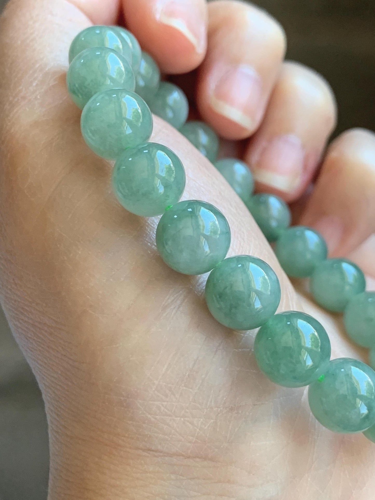 Natural Grade A Icy Highly Translucent Light Apple Green White Marbled Jade Jadeite Beaded Bracelet 9.8mm 7.25” 32g 天然冰浅果绿翡翠圆珠手串 MGL286