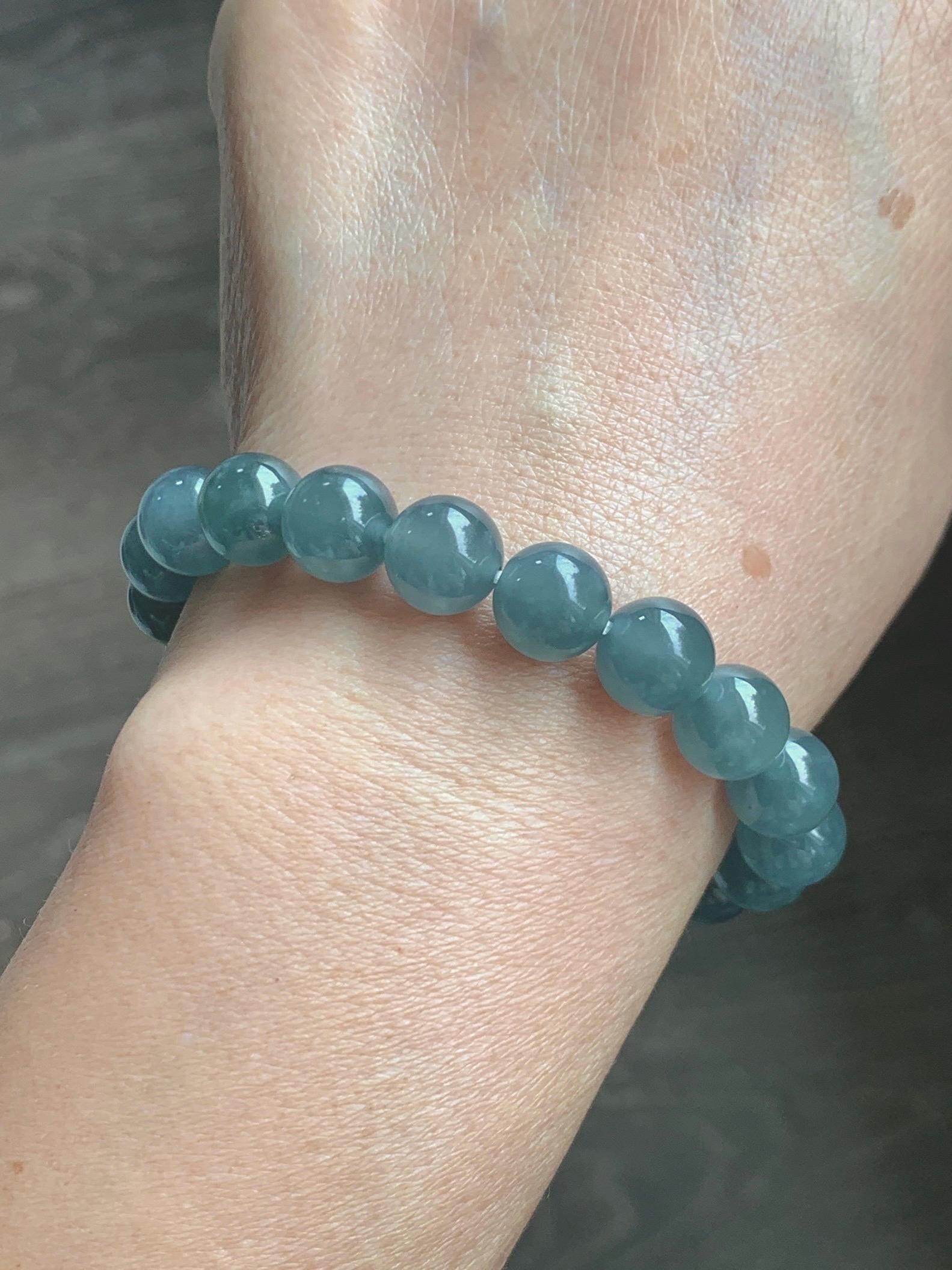 Natural Grade A Guatemalan Icy Translucent Dusty Blue Jade Jadeite Beaded Bracelet 9.6mm 7.25” 30g 天然冰胶危灰蓝翡翠手串 WZL275