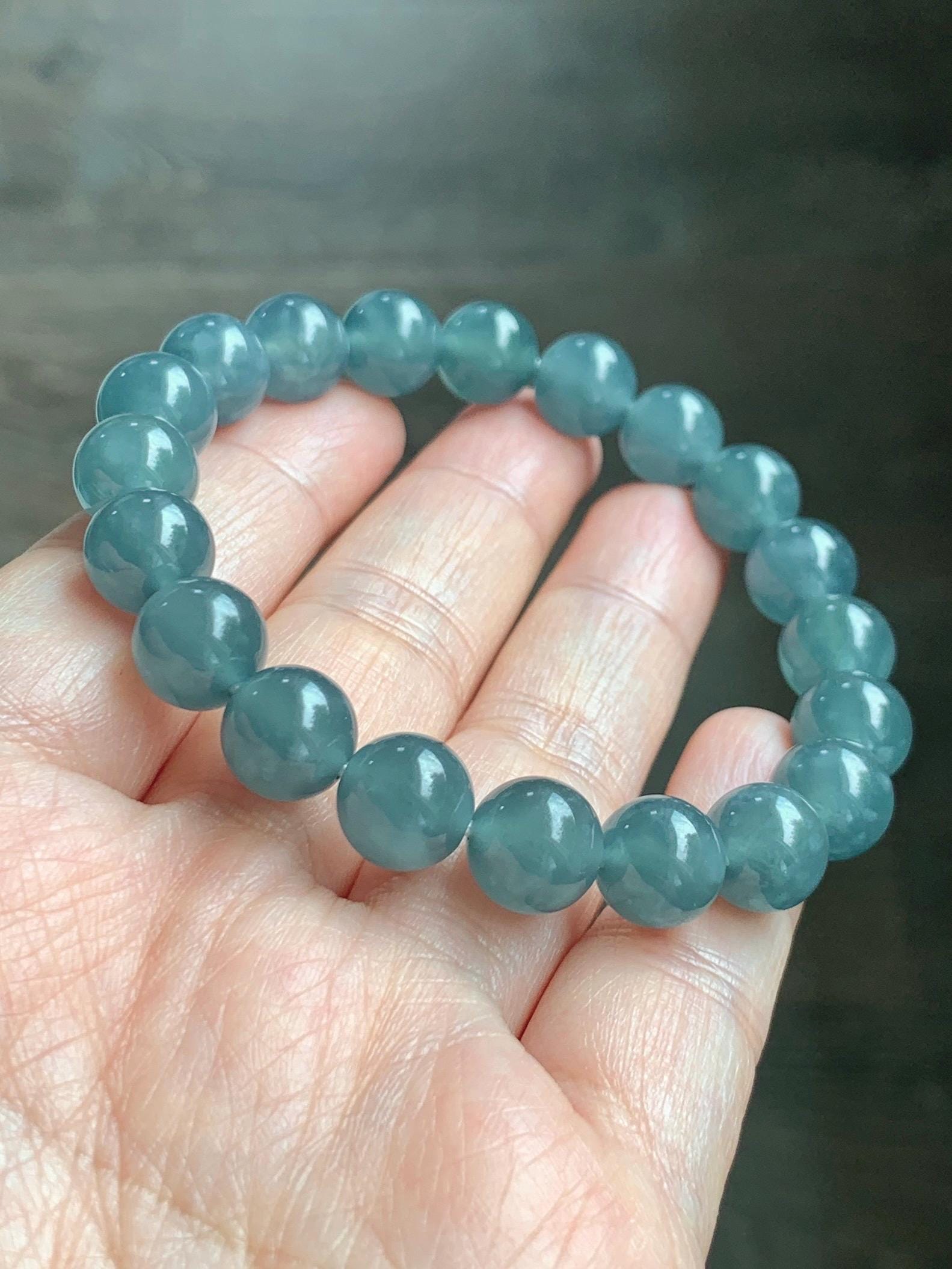 Natural Grade A Guatemalan Icy Translucent Dusty Blue Jade Jadeite Beaded Bracelet 9.6mm 7.25” 30g 天然冰胶危灰蓝翡翠手串 WZL275