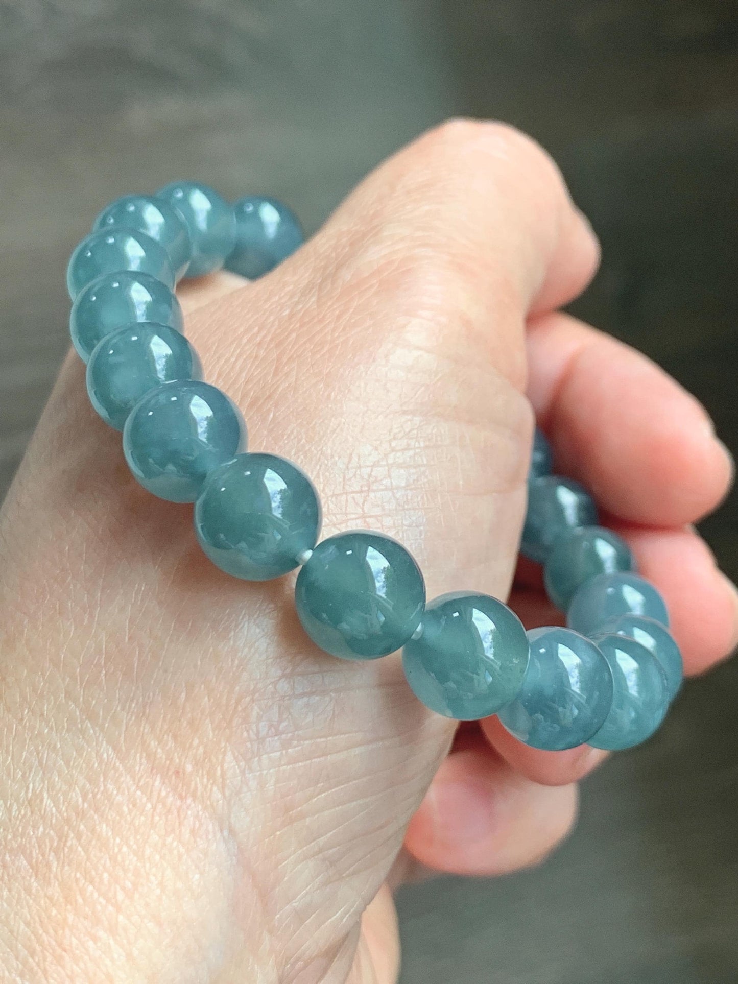Natural Grade A Guatemalan Icy Translucent Dusty Blue Jade Jadeite Beaded Bracelet 9.6mm 7.25” 30g 天然冰胶危灰蓝翡翠手串 WZL275