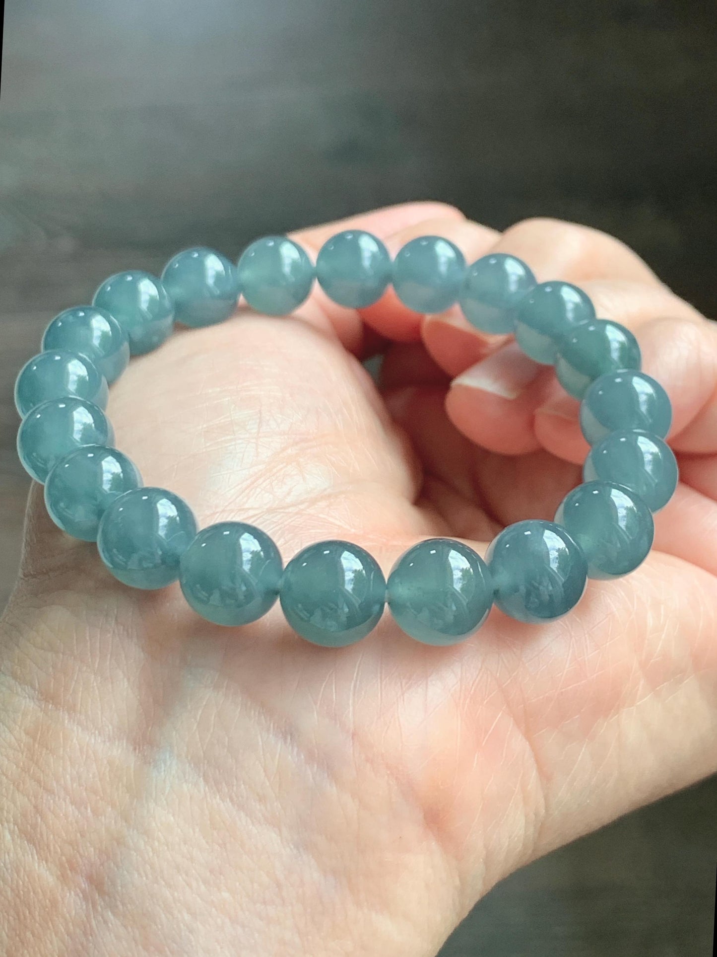 Natural Grade A Guatemalan Icy Translucent Dusty Blue Jade Jadeite Beaded Bracelet 9.6mm 7.25” 30g 天然冰胶危灰蓝翡翠手串 WZL275