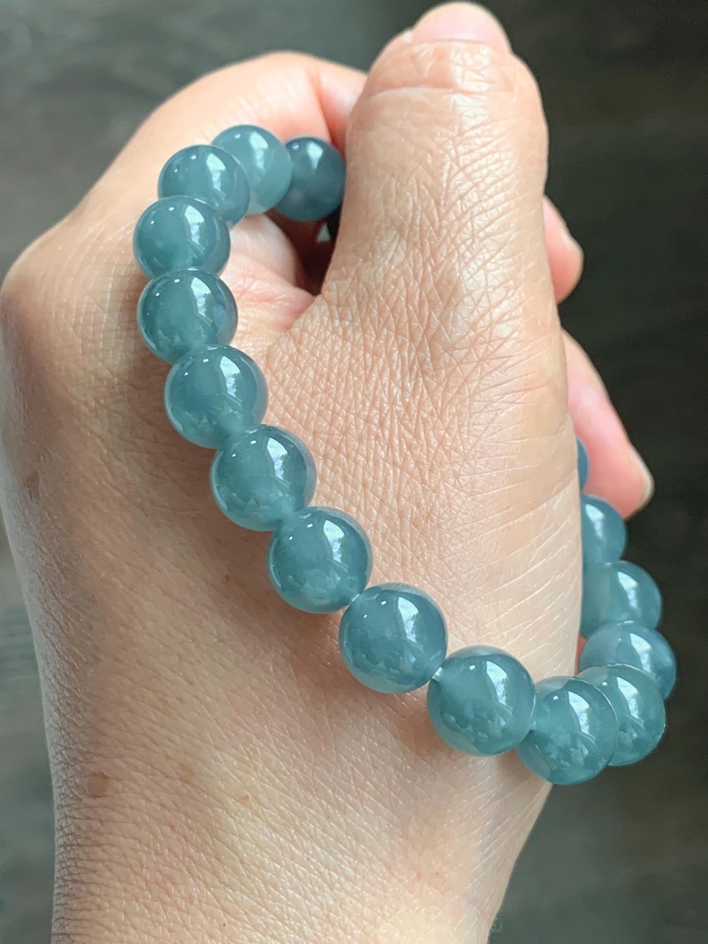 Natural Grade A Guatemalan Icy Translucent Dusty Blue Jade Jadeite Beaded Bracelet 9.6mm 7.25” 30g 天然冰胶危灰蓝翡翠手串 WZL275