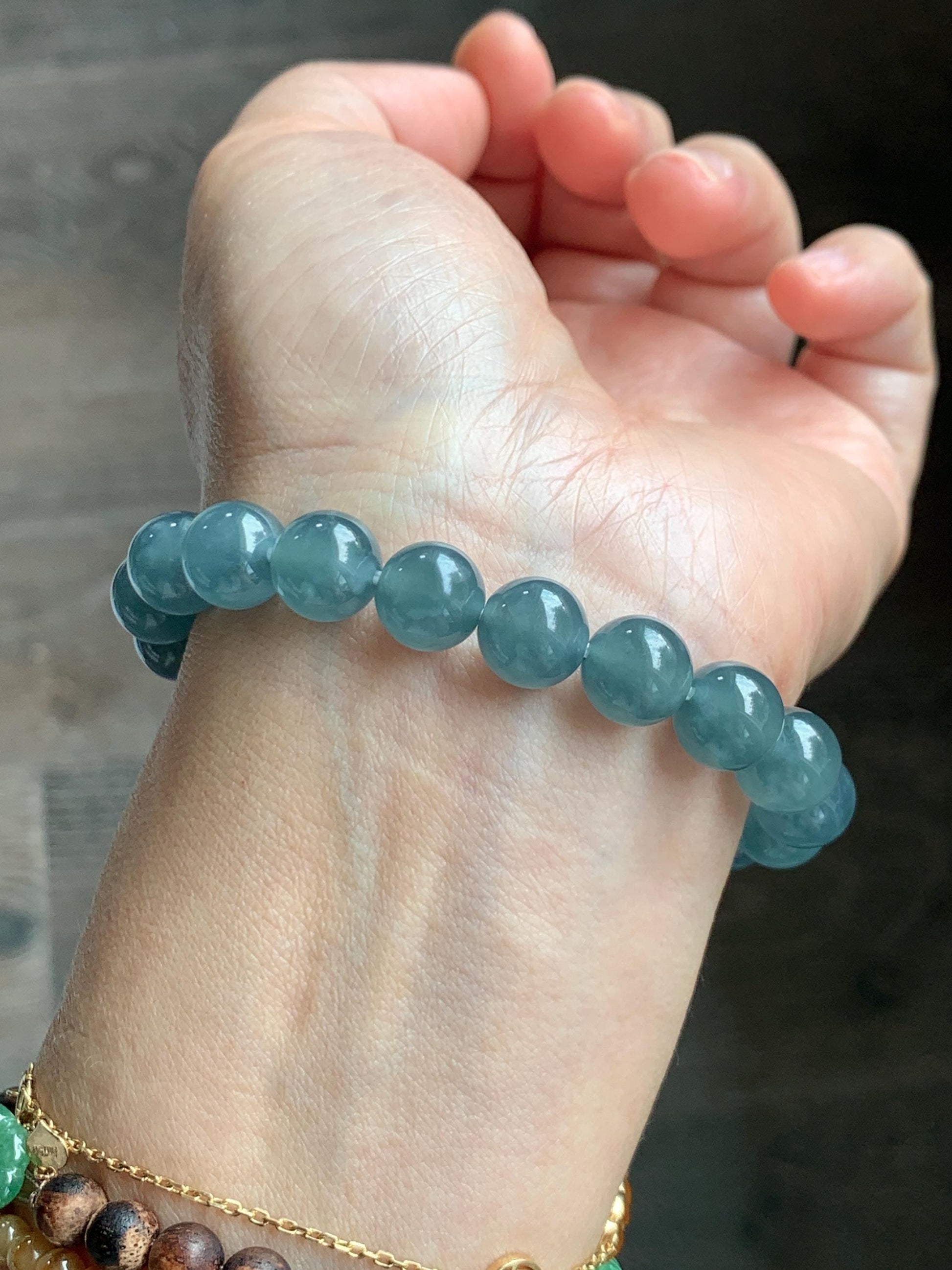 Natural Grade A Guatemalan Icy Translucent Dusty Blue Jade Jadeite Beaded Bracelet 9.6mm 7.25” 30g 天然冰胶危灰蓝翡翠手串 WZL275