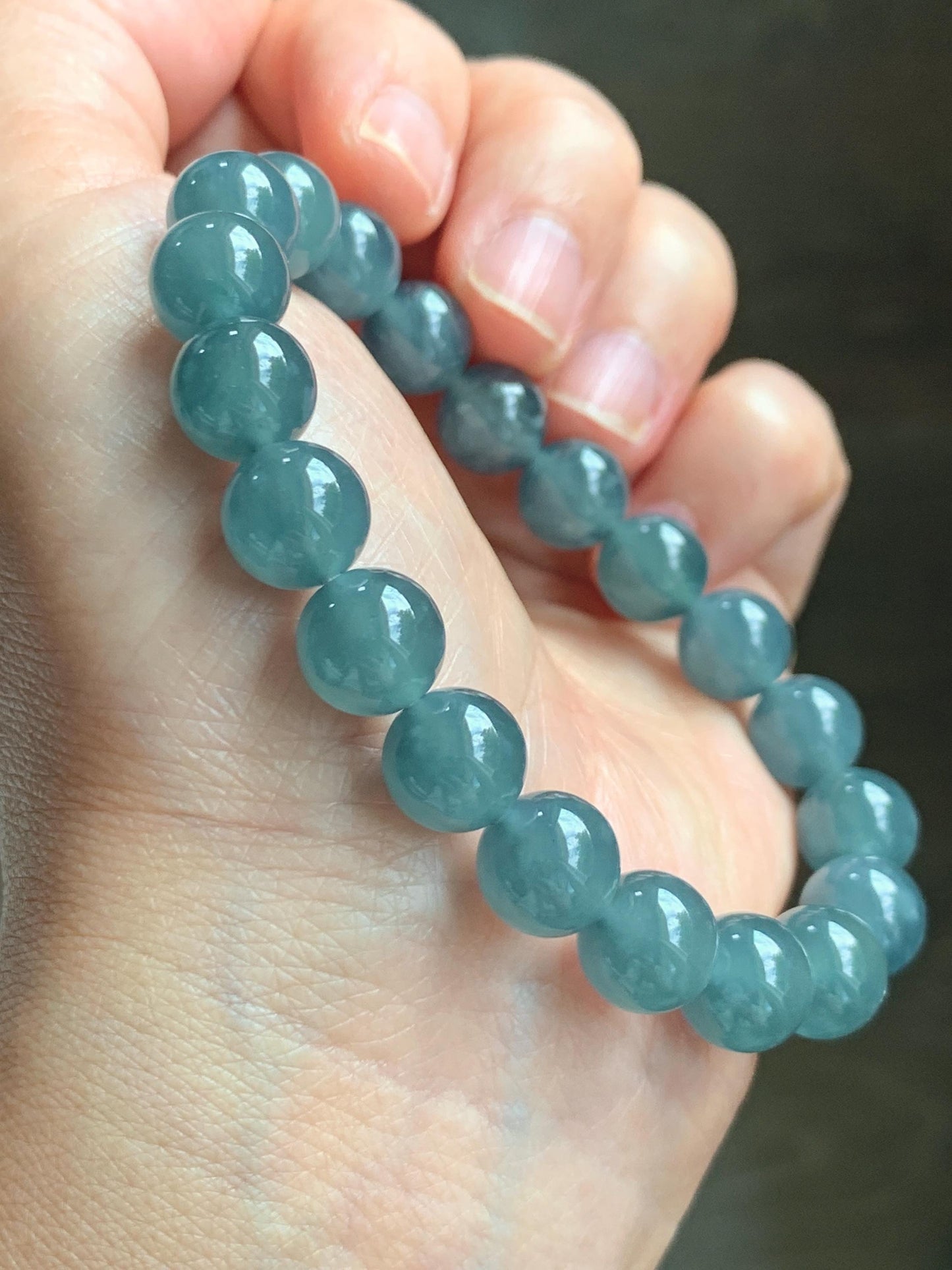 Natural Grade A Guatemalan Icy Translucent Dusty Blue Jade Jadeite Beaded Bracelet 9.6mm 7.25” 30g 天然冰胶危灰蓝翡翠手串 WZL275