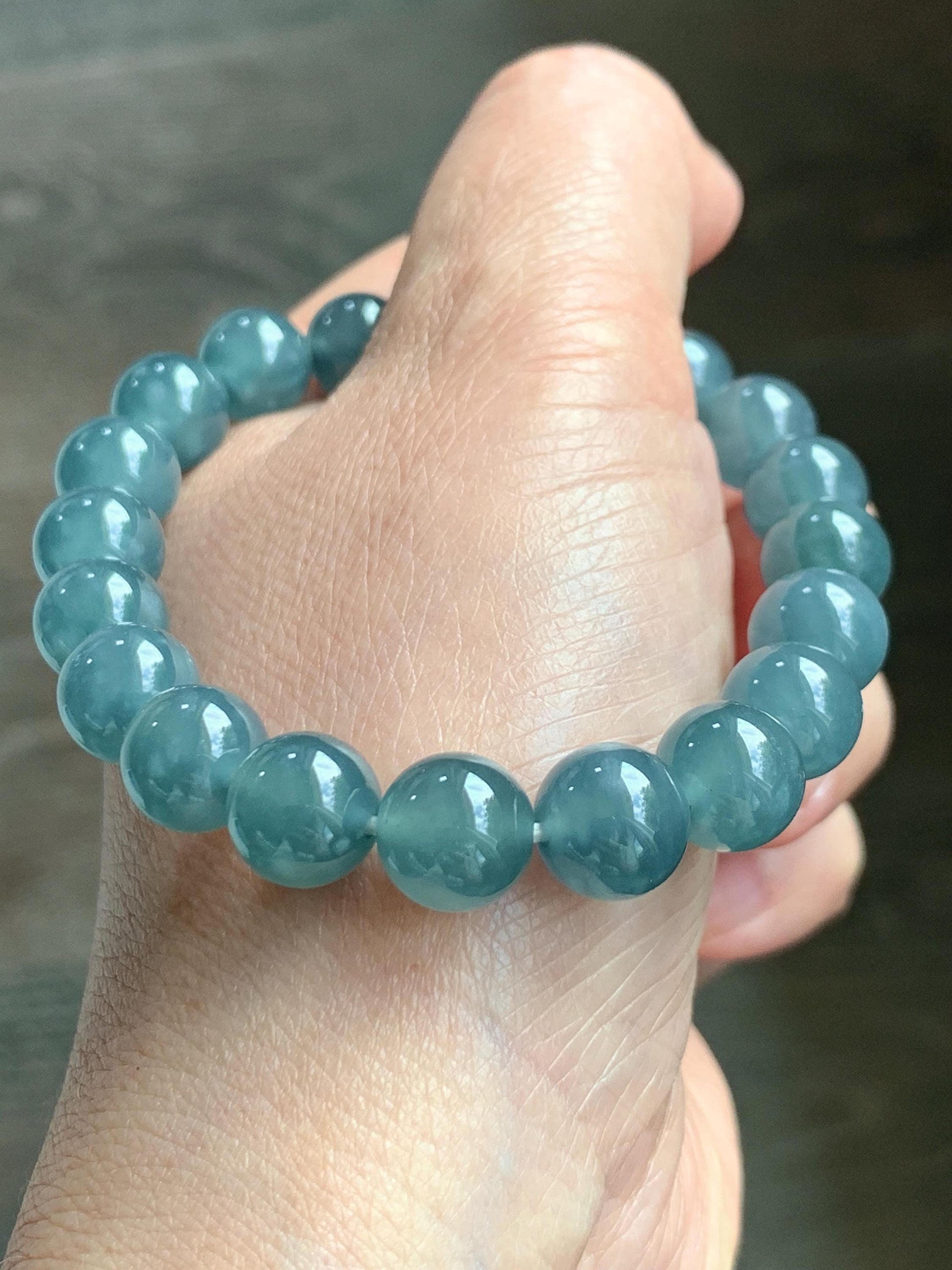 Natural Grade A Guatemalan Icy Translucent Dusty Blue Jade Jadeite Beaded Bracelet 9.6mm 7.25” 30g 天然冰胶危灰蓝翡翠手串 WZL275