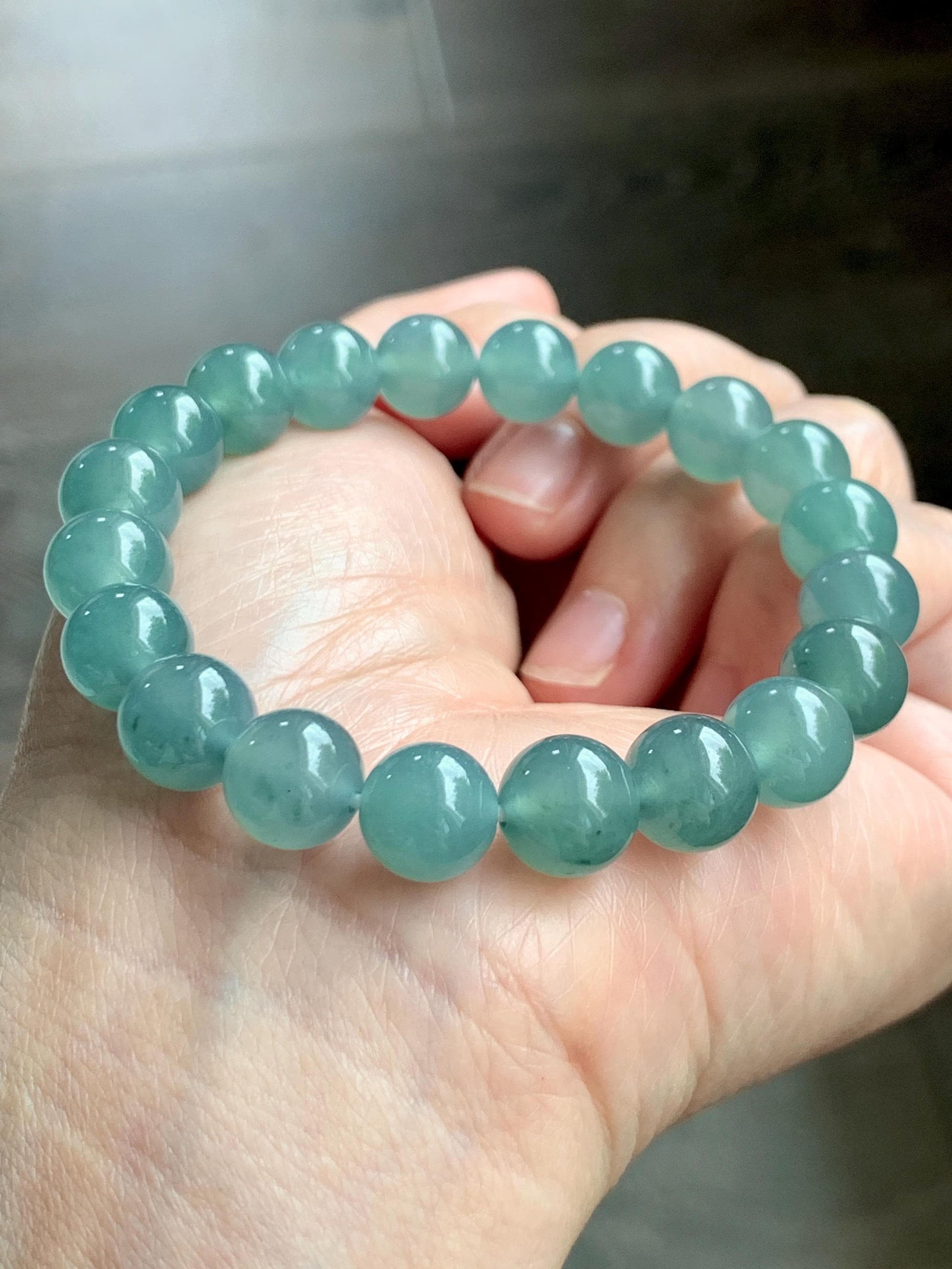 Natural Grade A Guatemalan Icy Translucent Dusty Teal Jade Jadeite Beaded Bracelet 9.8mm 7.25” 32g 天然冰胶危蓝绿翡翠手串 WLU272