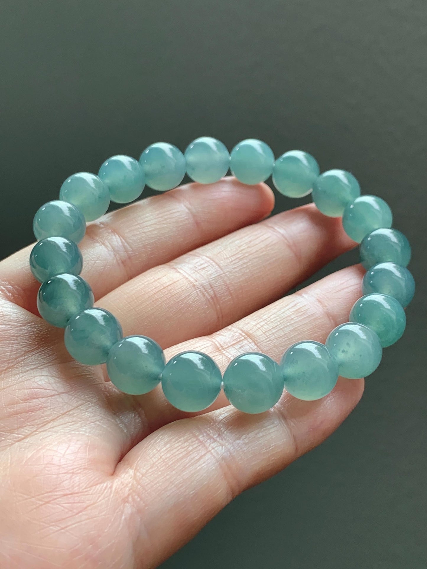 Natural Grade A Guatemalan Icy Translucent Dusty Teal Jade Jadeite Beaded Bracelet 9.8mm 7.25” 32g 天然冰胶危蓝绿翡翠手串 WLU272