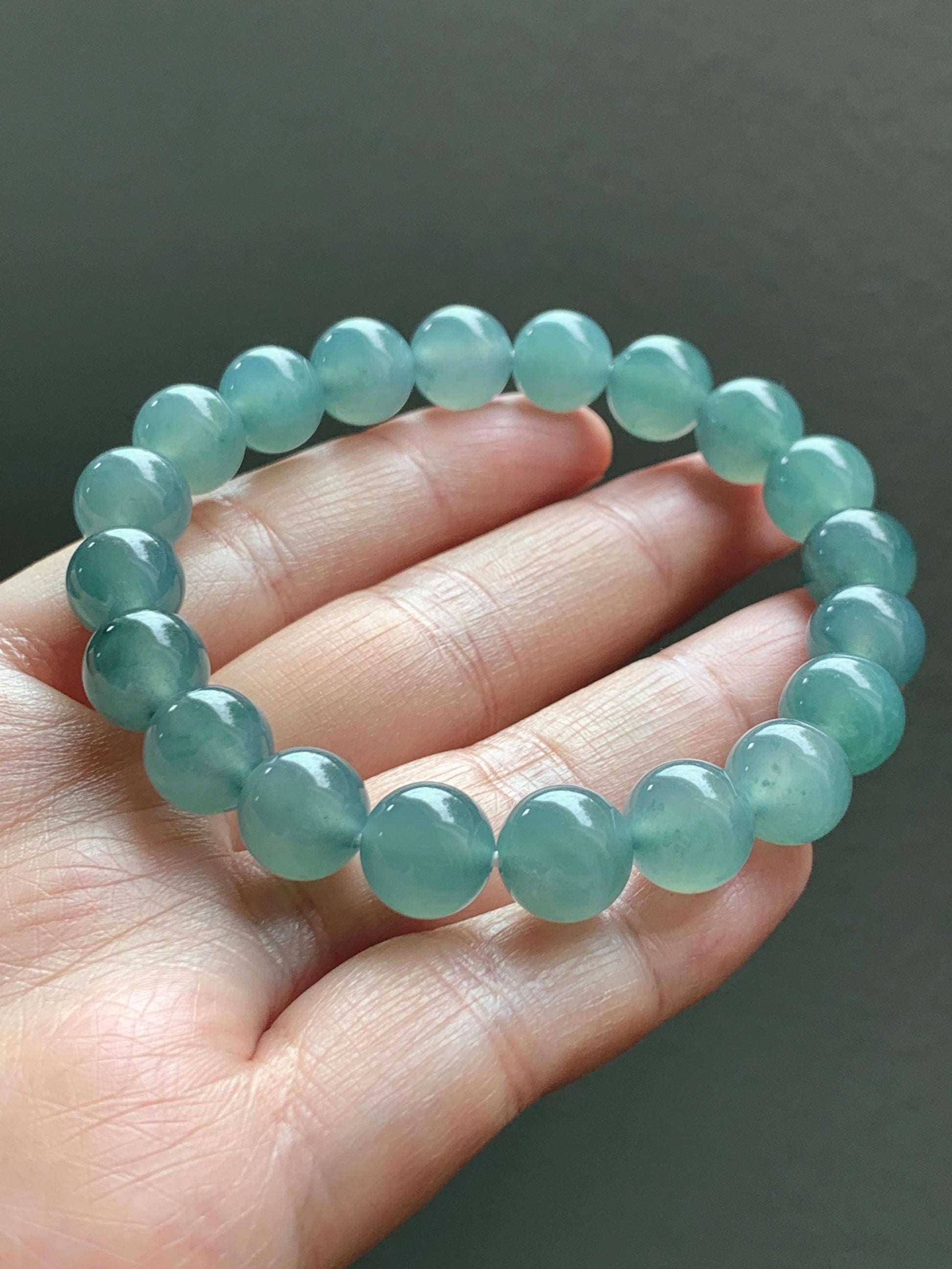 Natural Grade A Guatemalan Icy Translucent Dusty Teal Jade Jadeite Beaded Bracelet 9.8mm 7.25” 32g 天然冰胶危蓝绿翡翠手串 WLU272