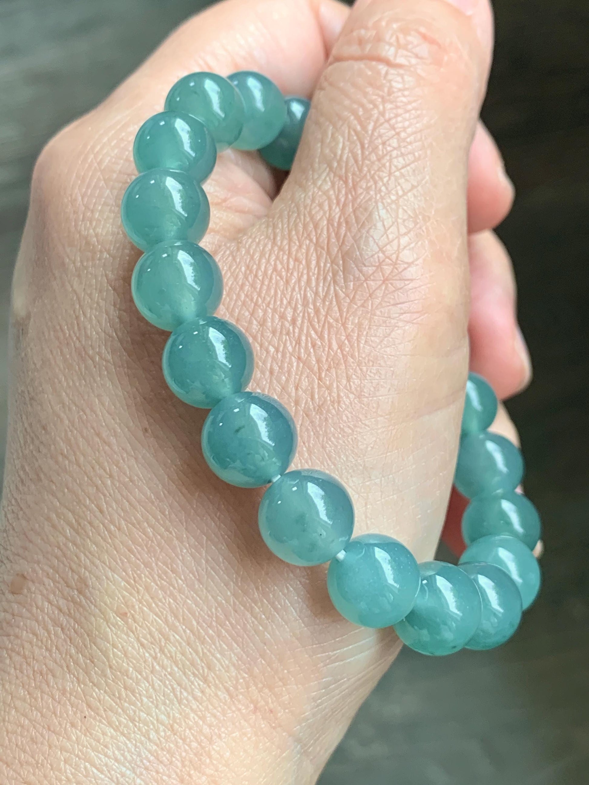 Natural Grade A Guatemalan Icy Translucent Dusty Teal Jade Jadeite Beaded Bracelet 9.8mm 7.25” 32g 天然冰胶危蓝绿翡翠手串 WLU272