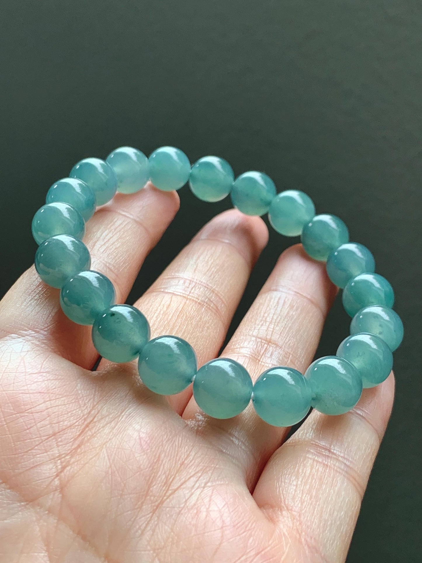 Natural Grade A Guatemalan Icy Translucent Dusty Teal Jade Jadeite Beaded Bracelet 9.8mm 7.25” 32g 天然冰胶危蓝绿翡翠手串 WLU272