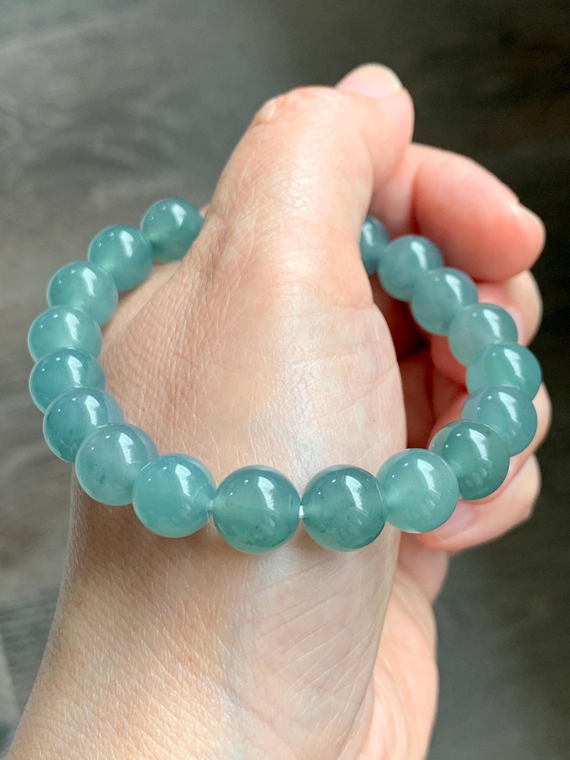 Natural Grade A Guatemalan Icy Translucent Dusty Teal Jade Jadeite Beaded Bracelet 9.8mm 7.25” 32g 天然冰胶危蓝绿翡翠手串 WLU272