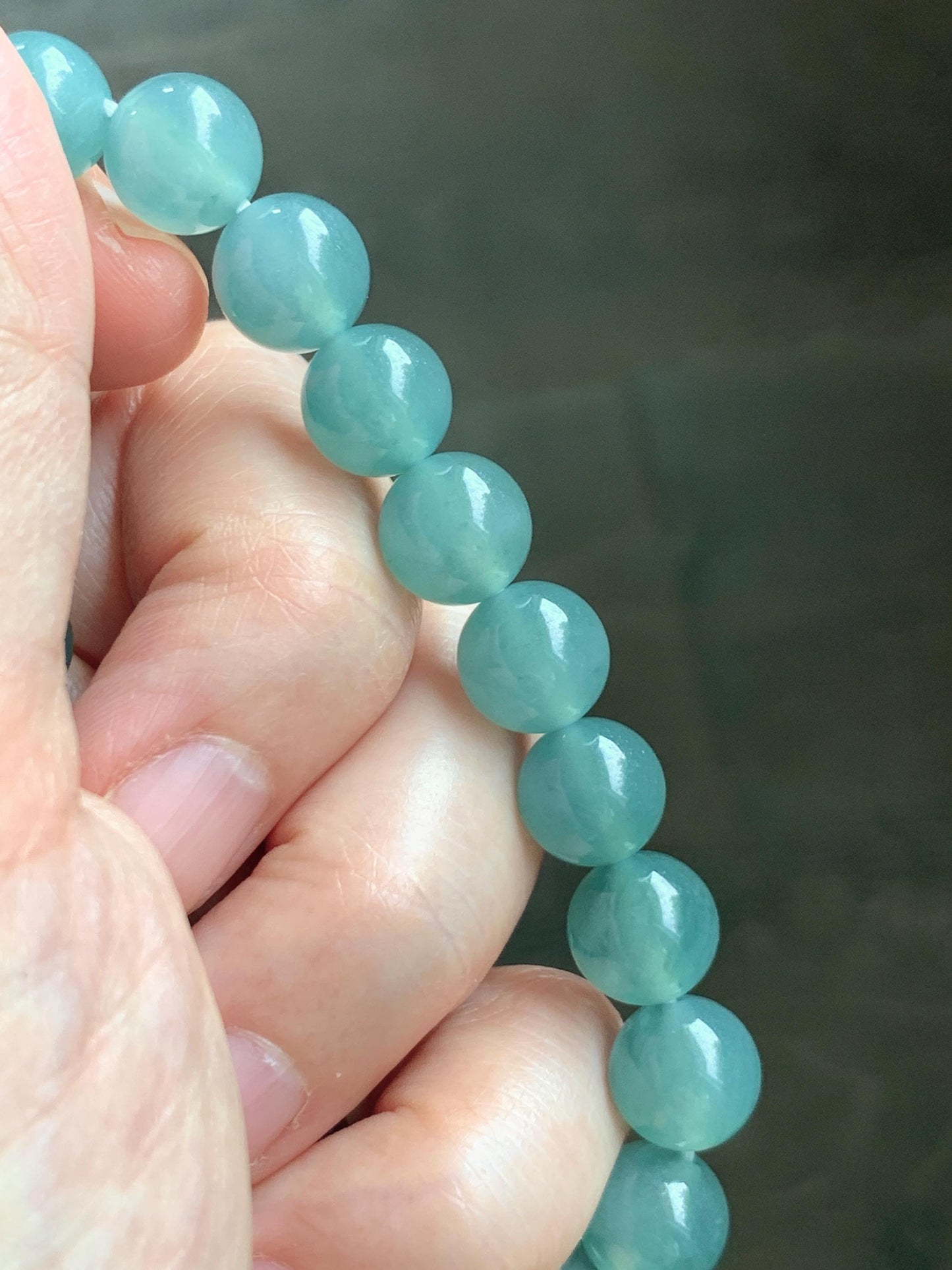 Natural Grade A Guatemalan Icy Translucent Dusty Teal Jade Jadeite Beaded Bracelet 9.8mm 7.25” 32g 天然冰胶危蓝绿翡翠手串 WLU272