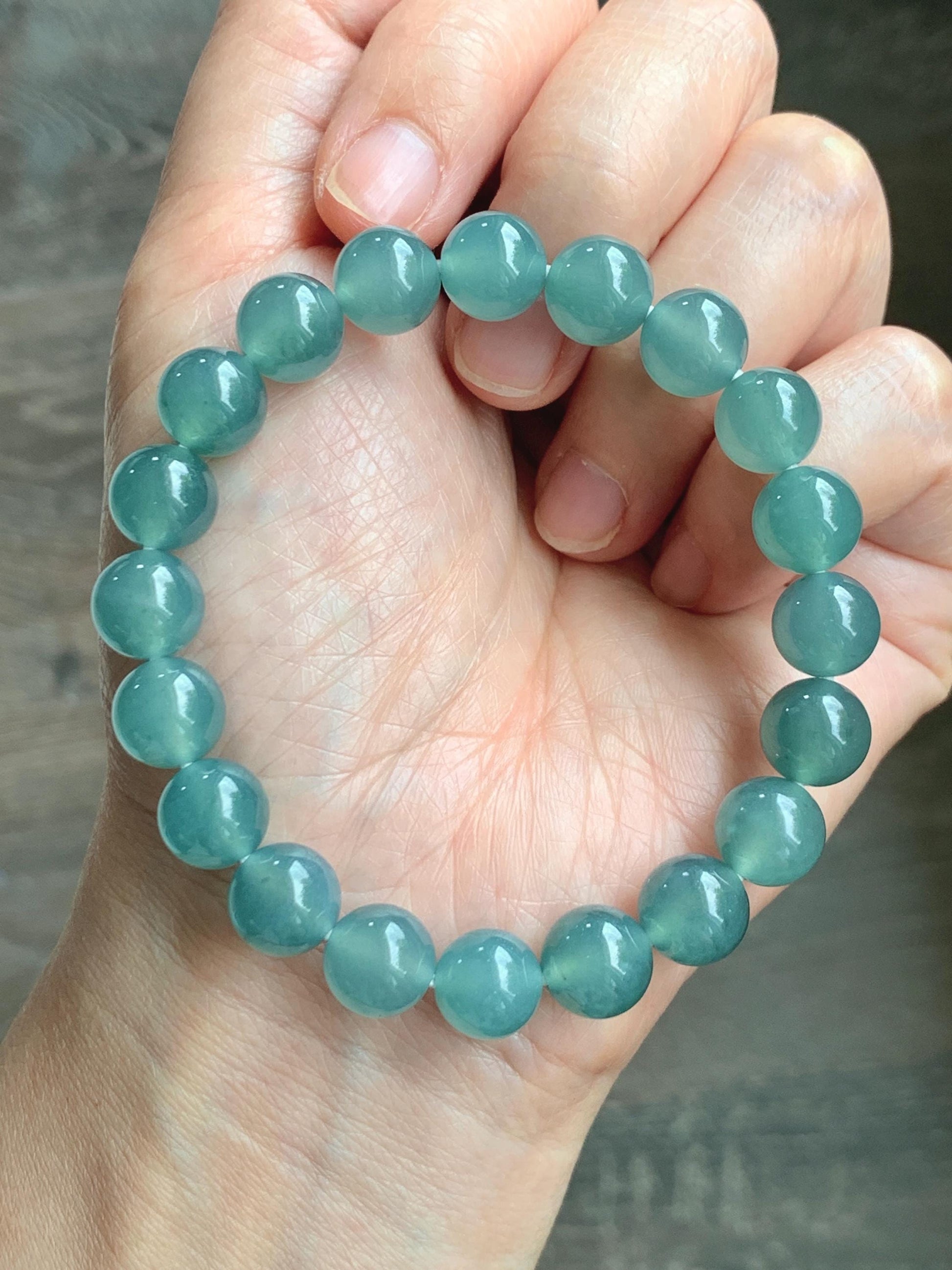 Natural Grade A Guatemalan Icy Translucent Dusty Teal Jade Jadeite Beaded Bracelet 9.8mm 7.25” 32g 天然冰胶危蓝绿翡翠手串 WLU272