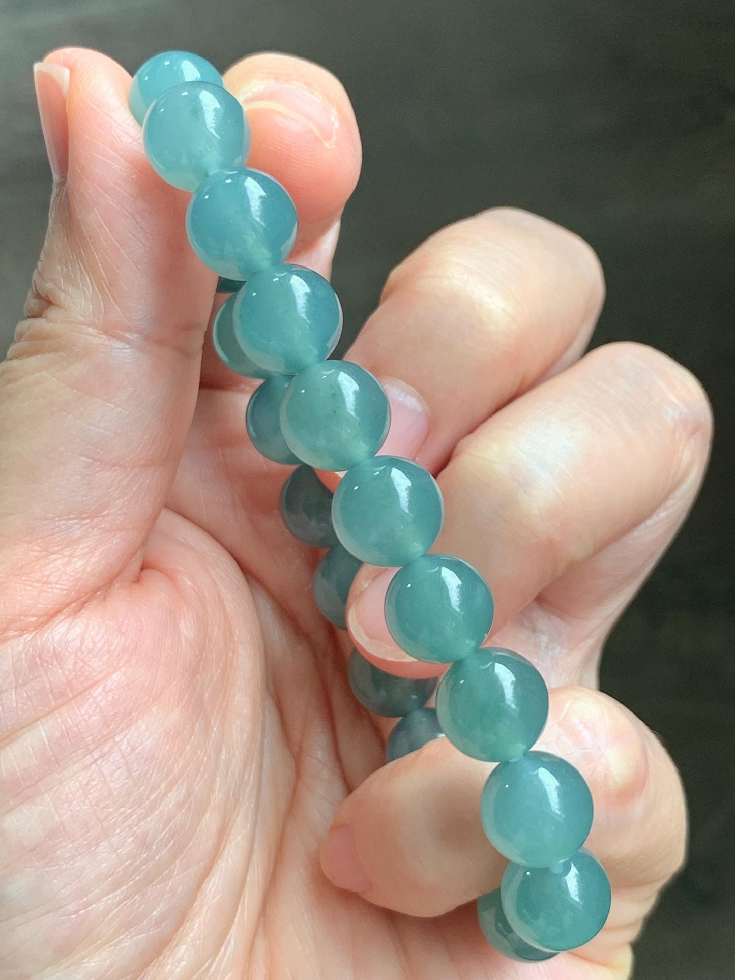Natural Grade A Guatemalan Icy Translucent Dusty Teal Jade Jadeite Beaded Bracelet 9.8mm 7.25” 32g 天然冰胶危蓝绿翡翠手串 WLU272