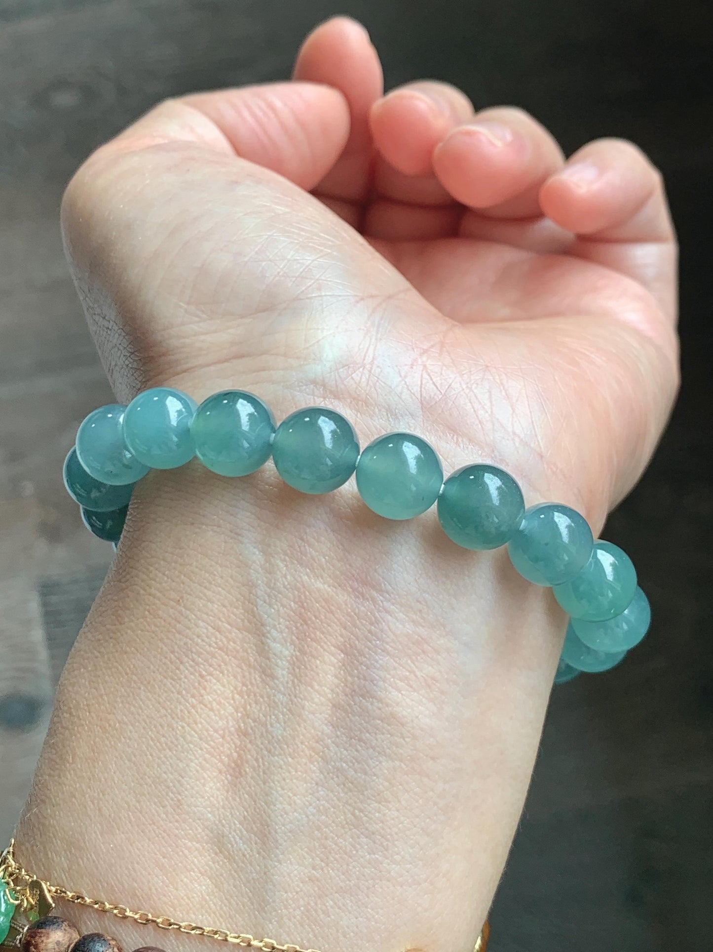 Natural Grade A Guatemalan Icy Translucent Dusty Teal Jade Jadeite Beaded Bracelet 9.8mm 7.25” 32g 天然冰胶危蓝绿翡翠手串 WLU272