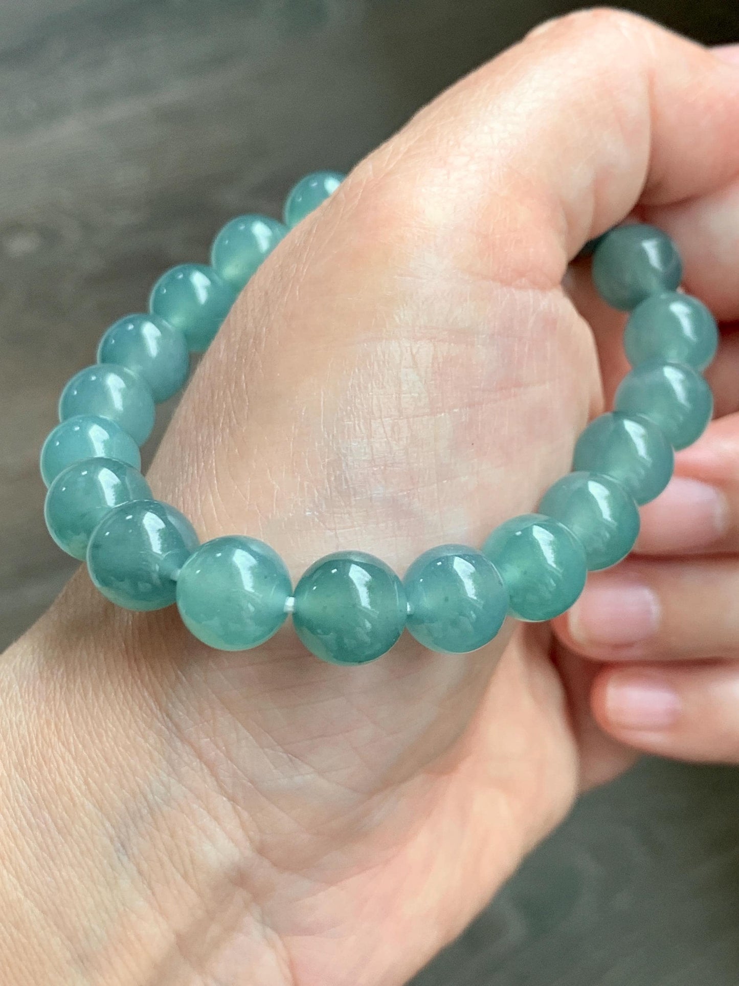Natural Grade A Guatemalan Icy Translucent Dusty Teal Jade Jadeite Beaded Bracelet 9.8mm 7.25” 32g 天然冰胶危蓝绿翡翠手串 WLU272