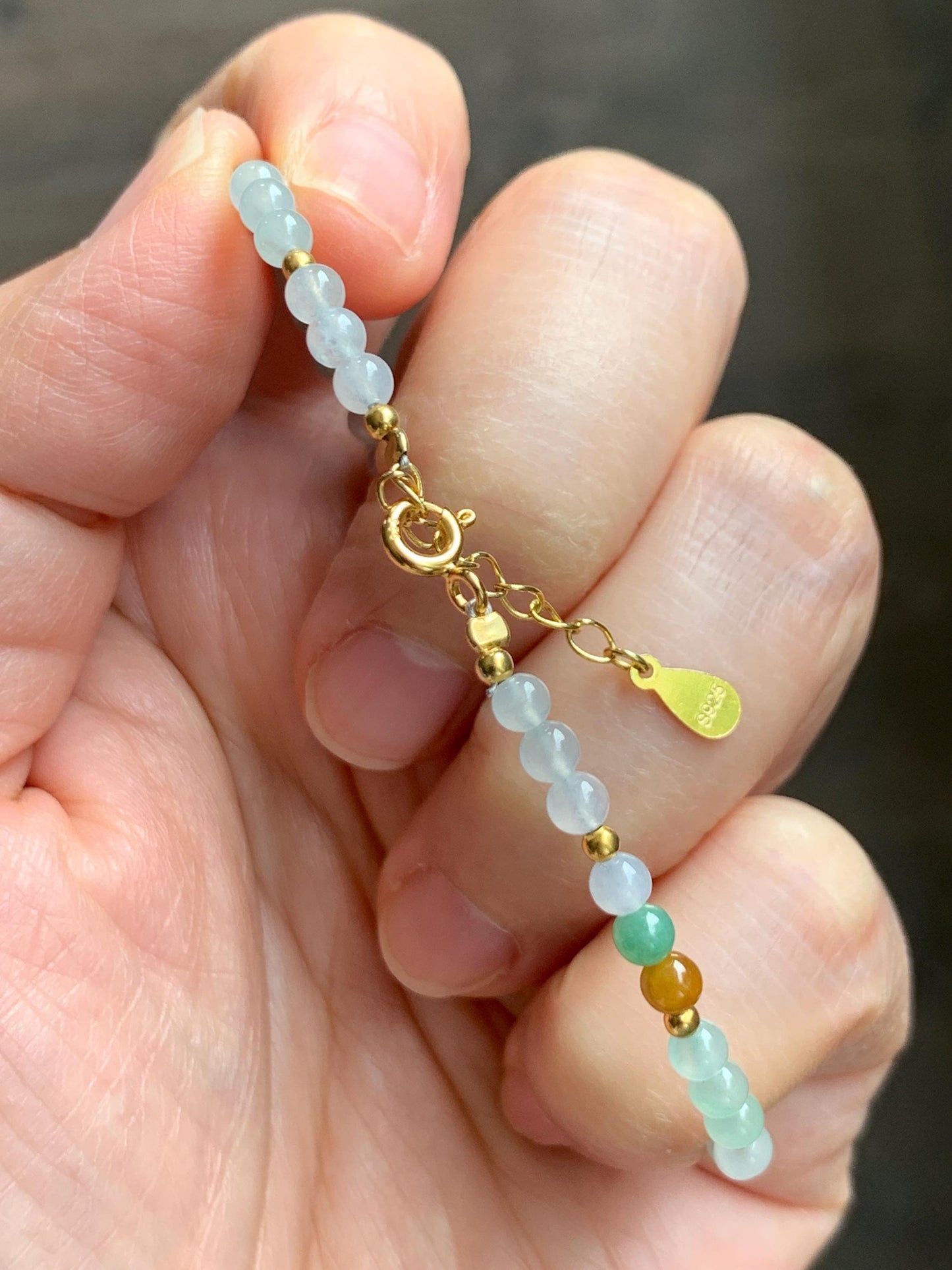 Petite Natural Grade A Icy Highly Translucent Multicolored Jade Jadeite Beads Sterling Silver Beaded Bracelet 6.5”-7.5” 天然冰多宝翡翠小珠手串 MXB550A