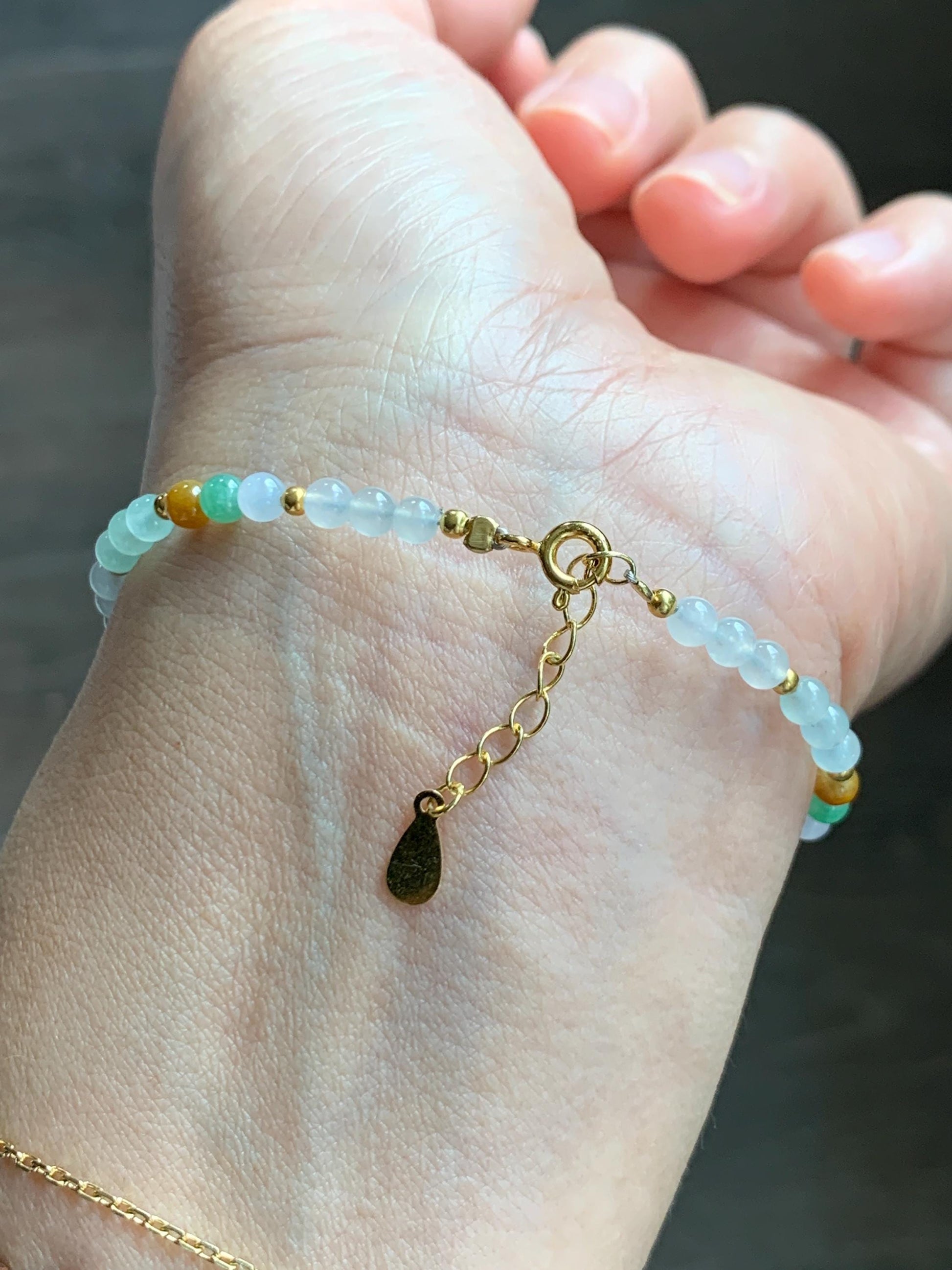 Petite Natural Grade A Icy Highly Translucent Multicolored Jade Jadeite Beads Sterling Silver Beaded Bracelet 6.5”-7.5” 天然冰多宝翡翠小珠手串 MXB550A