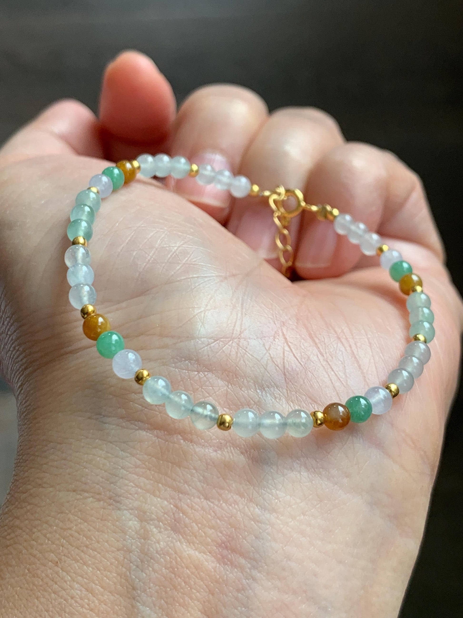 Petite Natural Grade A Icy Highly Translucent Multicolored Jade Jadeite Beads Sterling Silver Beaded Bracelet 6.5”-7.5” 天然冰多宝翡翠小珠手串 MXB550A