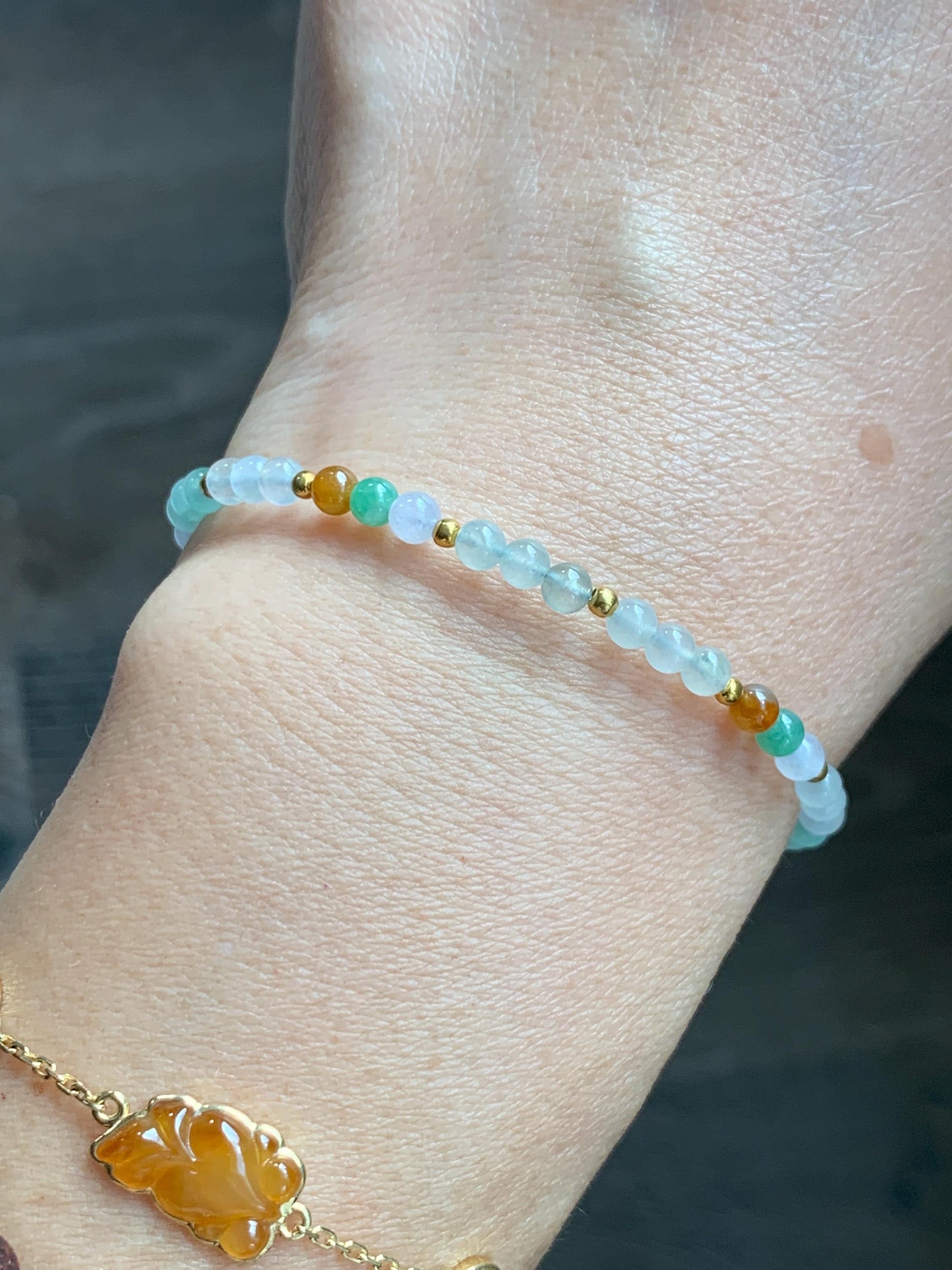 Petite Natural Grade A Icy Highly Translucent Multicolored Jade Jadeite Beads Sterling Silver Beaded Bracelet 6.5”-7.5” 天然冰多宝翡翠小珠手串 MXB550A