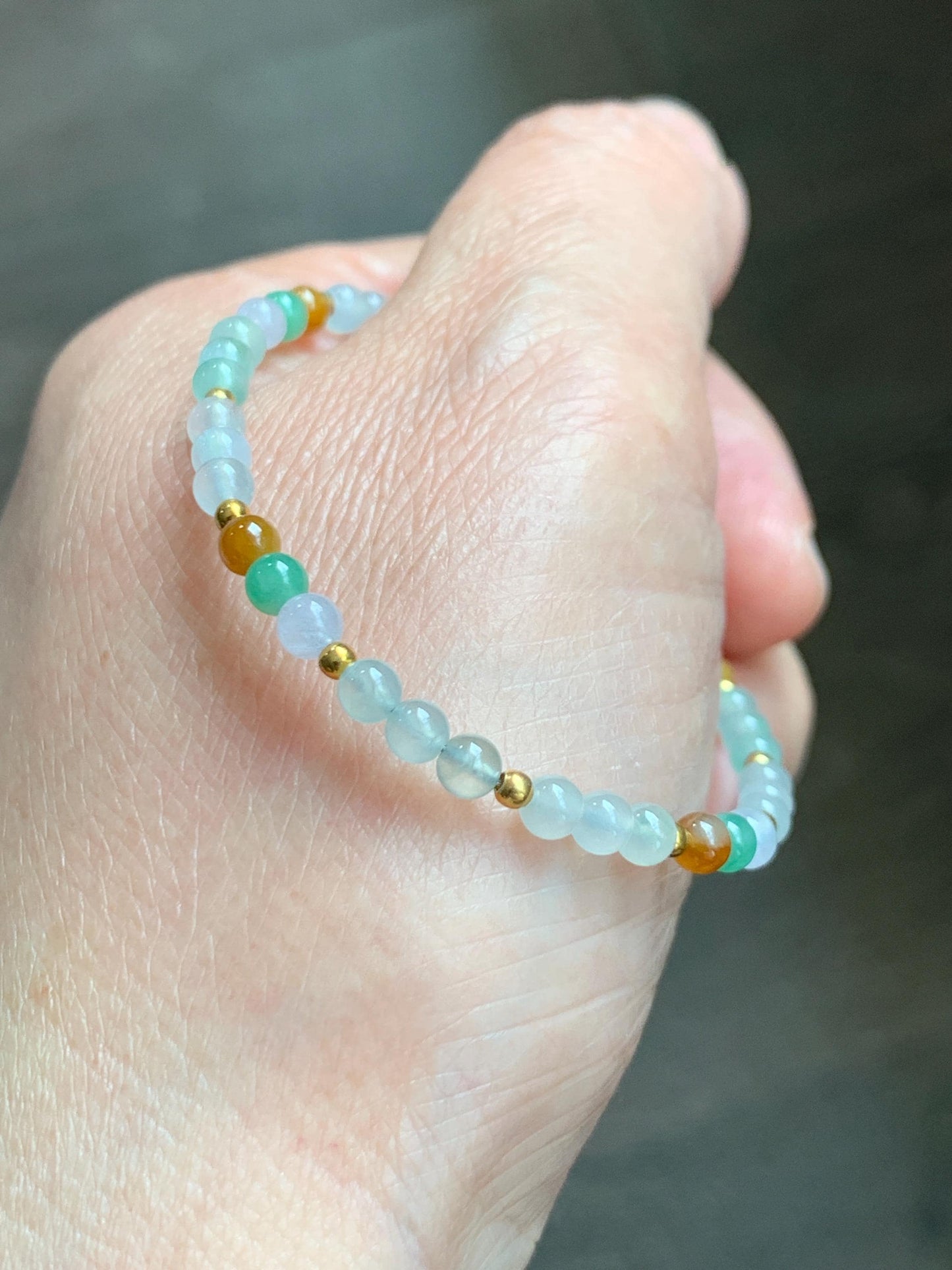 Petite Natural Grade A Icy Highly Translucent Multicolored Jade Jadeite Beads Sterling Silver Beaded Bracelet 6.5”-7.5” 天然冰多宝翡翠小珠手串 MXB550A