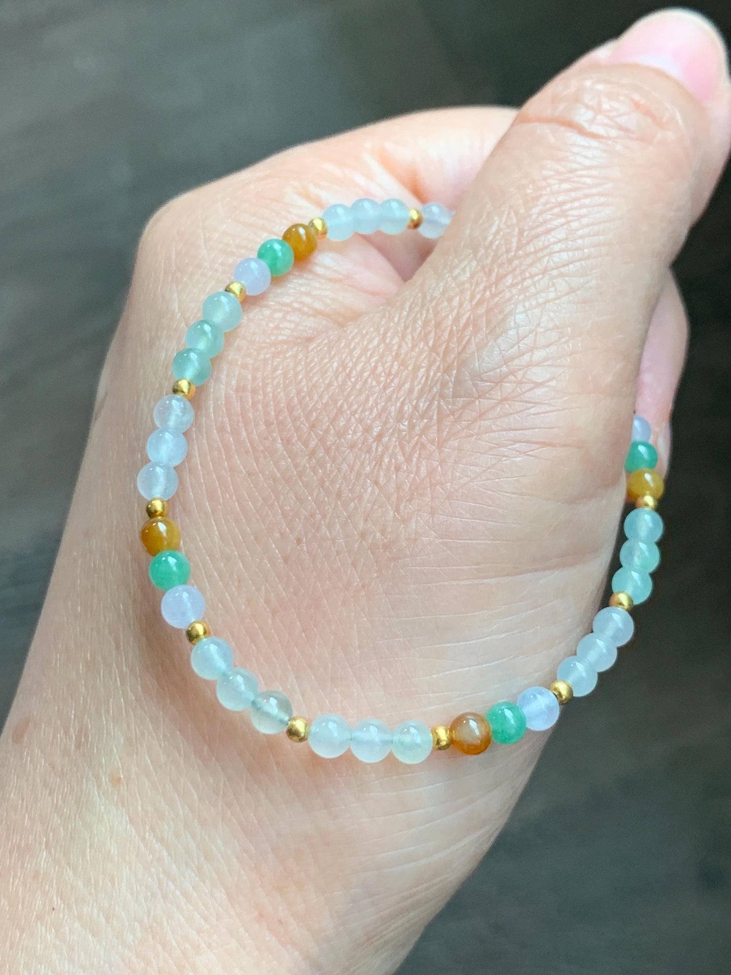 Petite Natural Grade A Icy Highly Translucent Multicolored Jade Jadeite Beads Sterling Silver Beaded Bracelet 6.5”-7.5” 天然冰多宝翡翠小珠手串 MXB550A