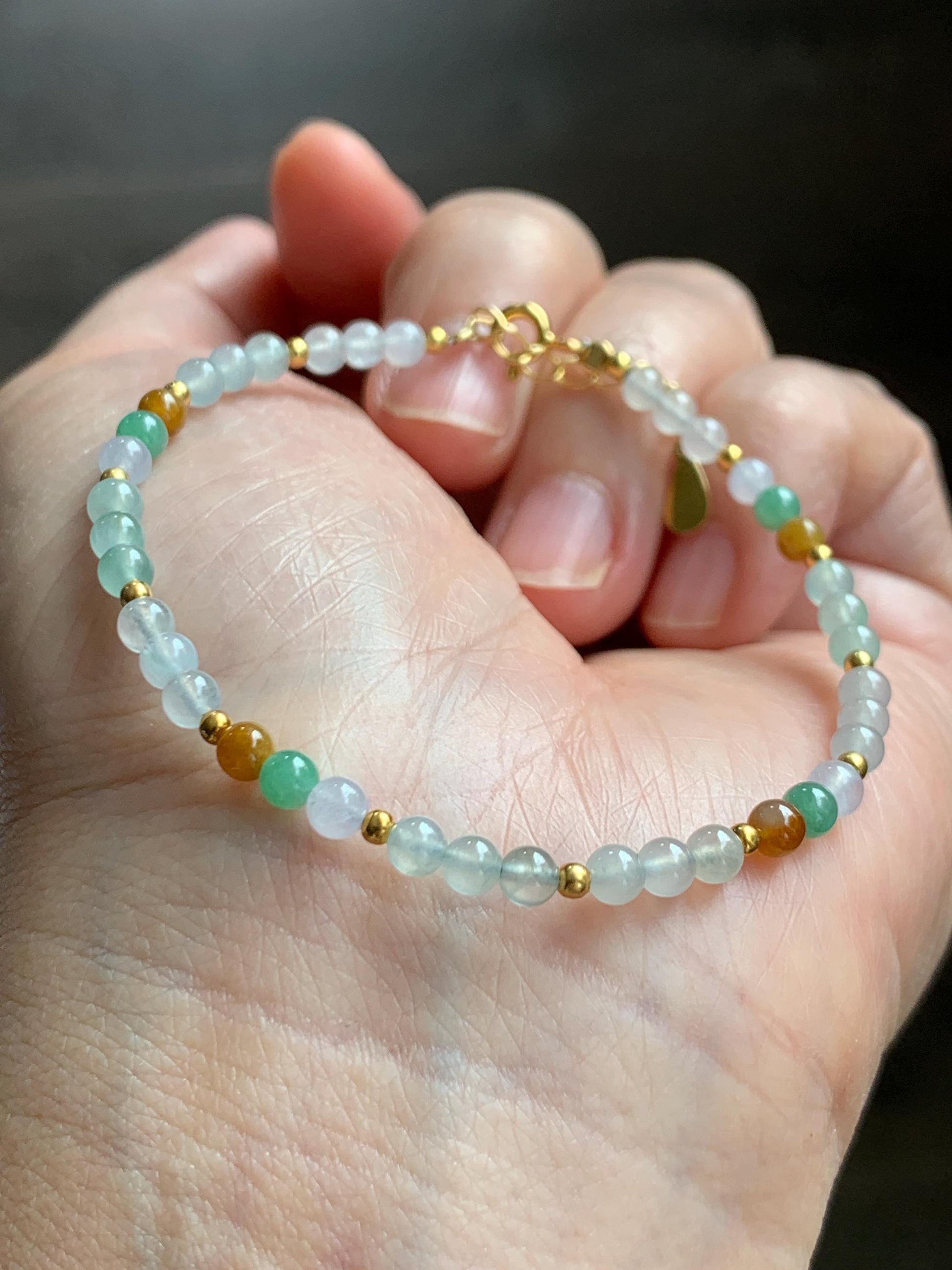 Petite Natural Grade A Icy Highly Translucent Multicolored Jade Jadeite Beads Sterling Silver Beaded Bracelet 6.5”-7.5” 天然冰多宝翡翠小珠手串 MXB550A