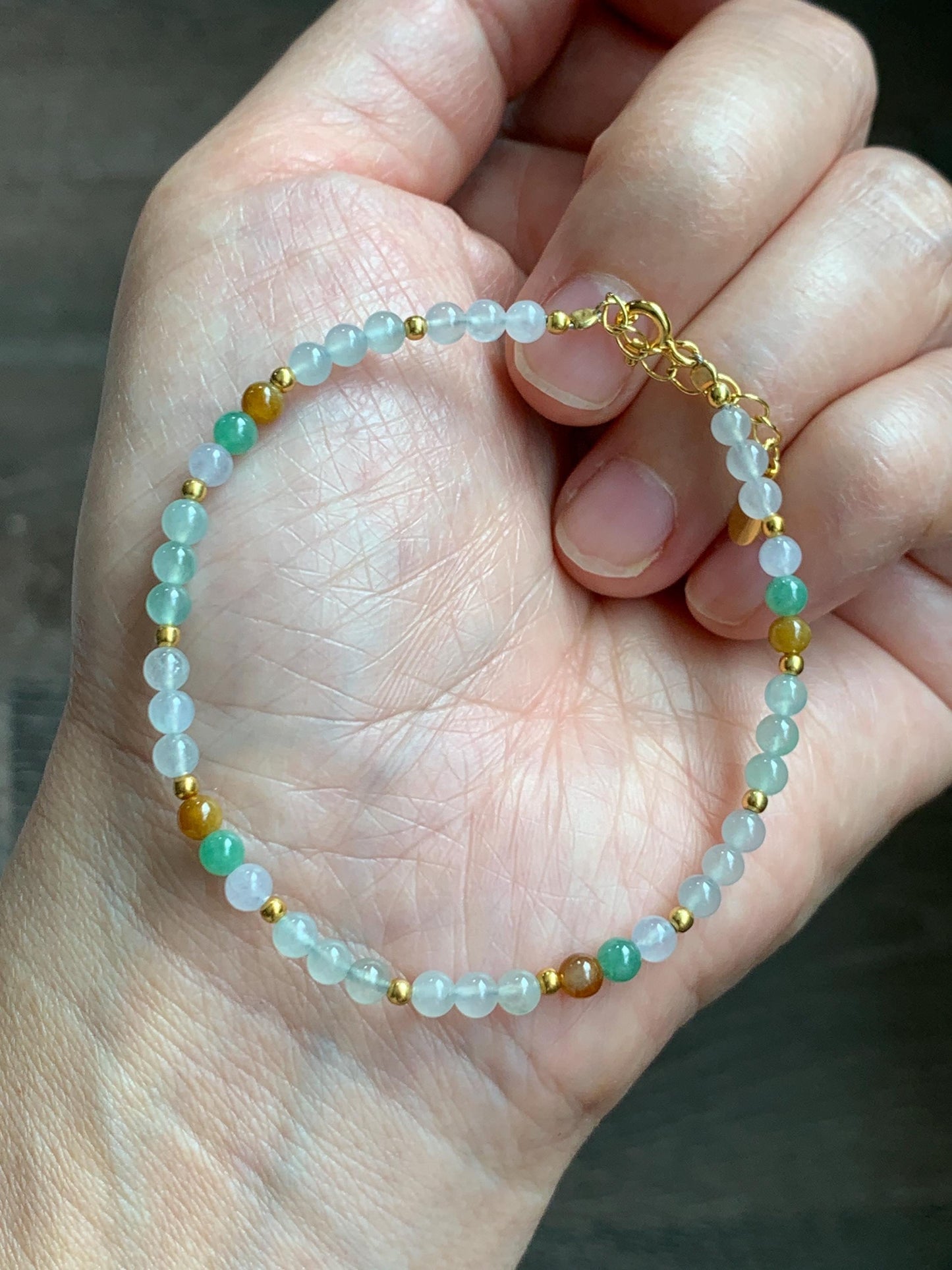 Petite Natural Grade A Icy Highly Translucent Multicolored Jade Jadeite Beads Sterling Silver Beaded Bracelet 6.5”-7.5” 天然冰多宝翡翠小珠手串 MXB550A