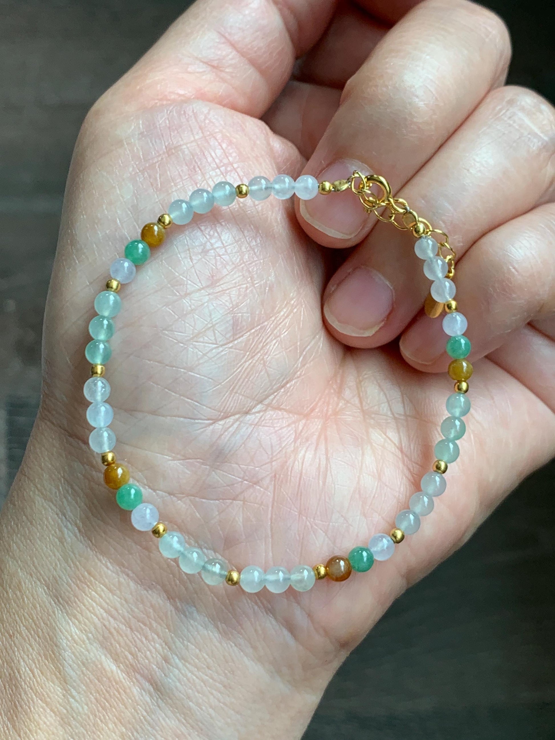 Petite Natural Grade A Icy Highly Translucent Multicolored Jade Jadeite Beads Sterling Silver Beaded Bracelet 6.5”-7.5” 天然冰多宝翡翠小珠手串 MXB550A
