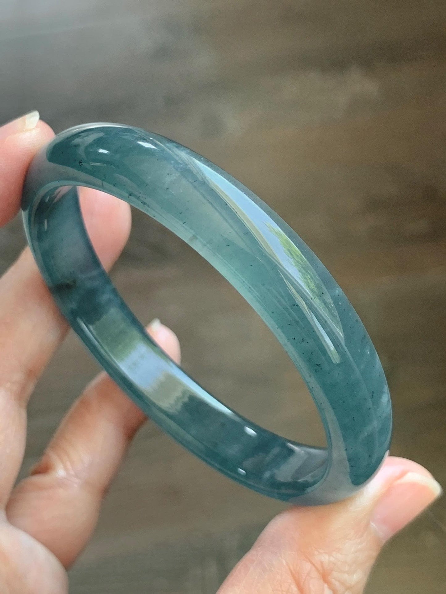 Certified Natural Grade A Guatemalan Icy Translucent Dark Teal Blue Wuji Jade Jadeite Wide Bangle 57.9mm 7.15” 36.9g 天然冰危深蓝绿翡翠正圈手镯1213 AS IS