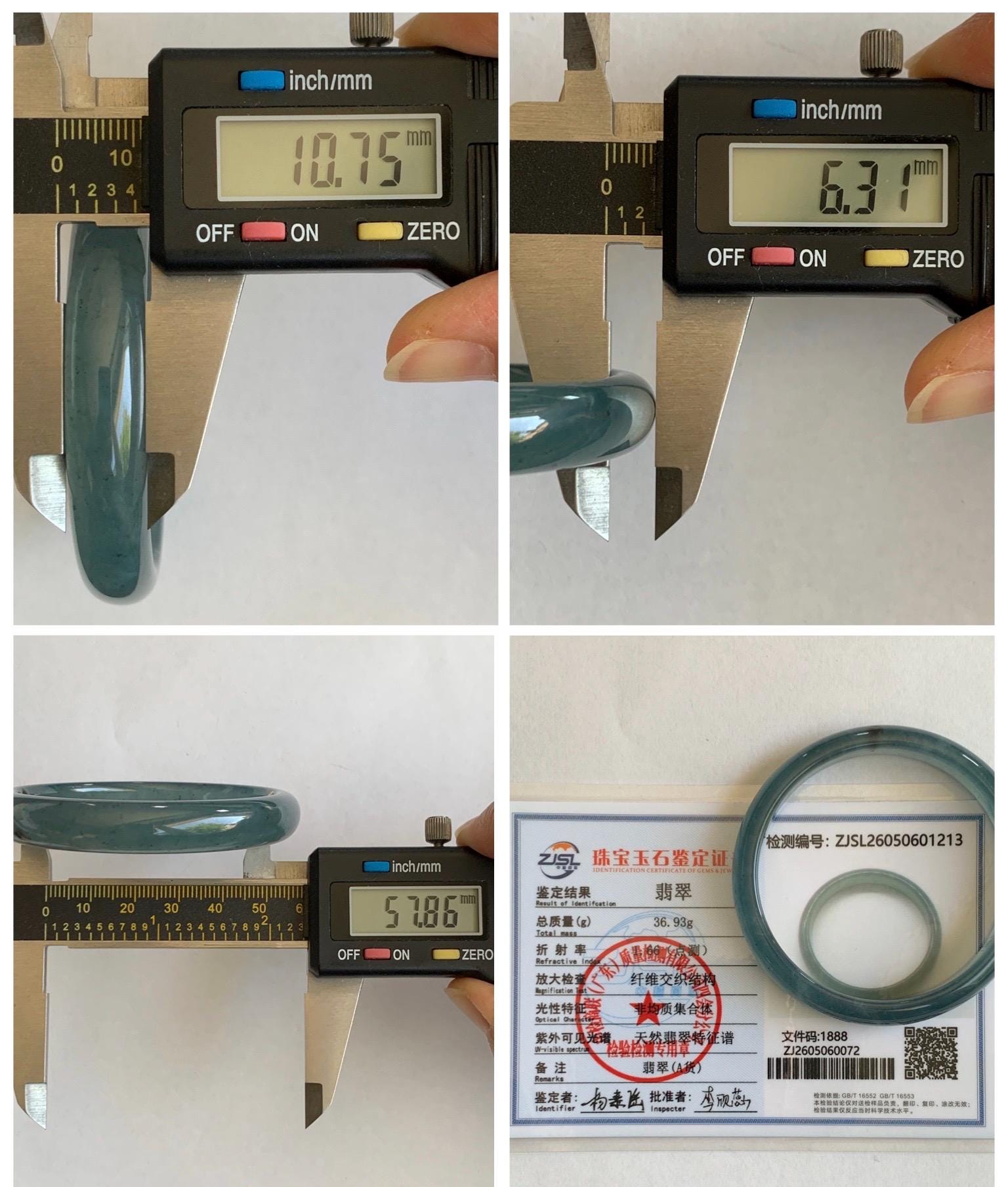 Certified Natural Grade A Guatemalan Icy Translucent Dark Teal Blue Wuji Jade Jadeite Wide Bangle 57.9mm 7.15” 36.9g 天然冰危深蓝绿翡翠正圈手镯1213 AS IS